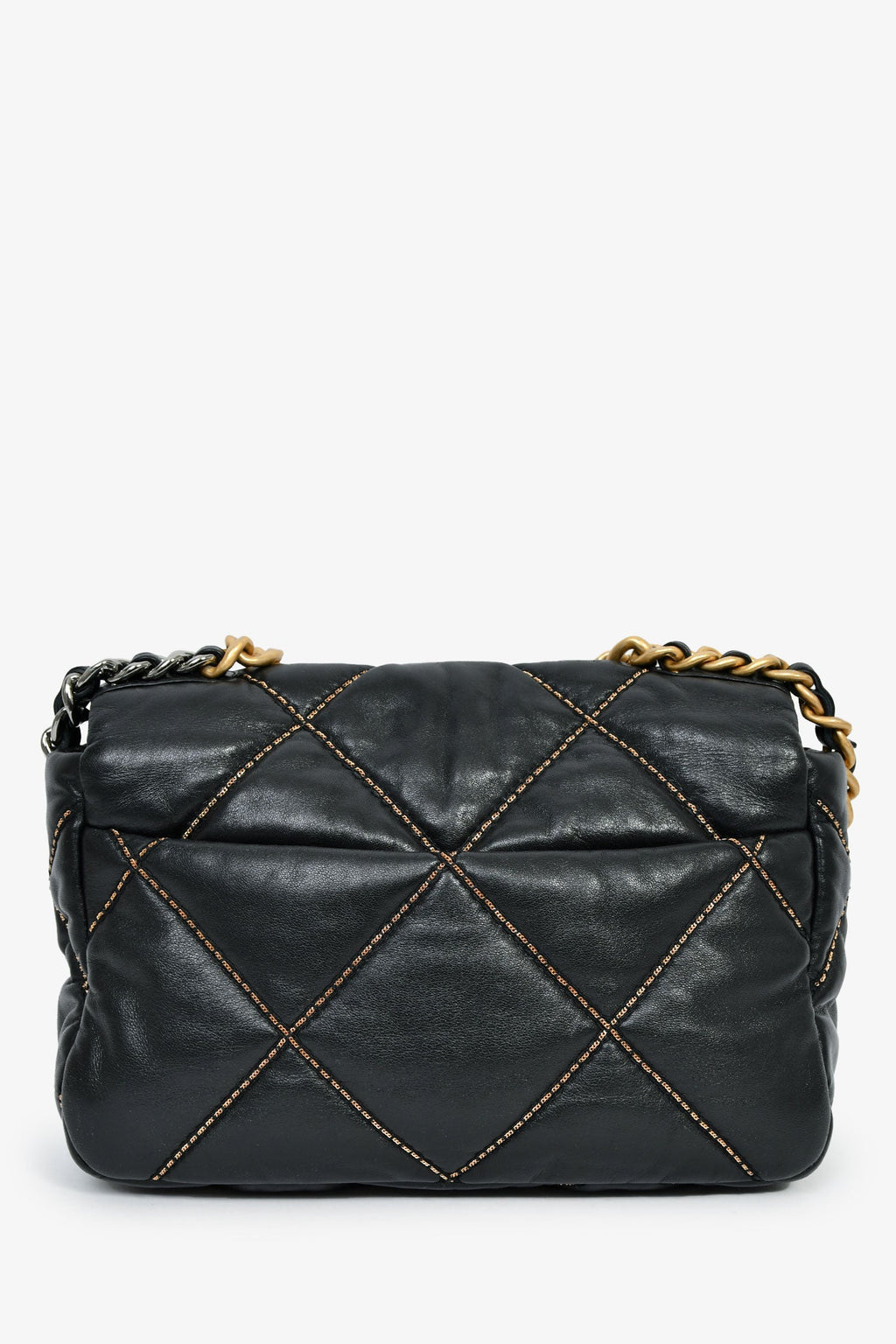 Pre-Loved Chanel™ Black Lambskin/Quilted Gold Chain Small 19 Bag