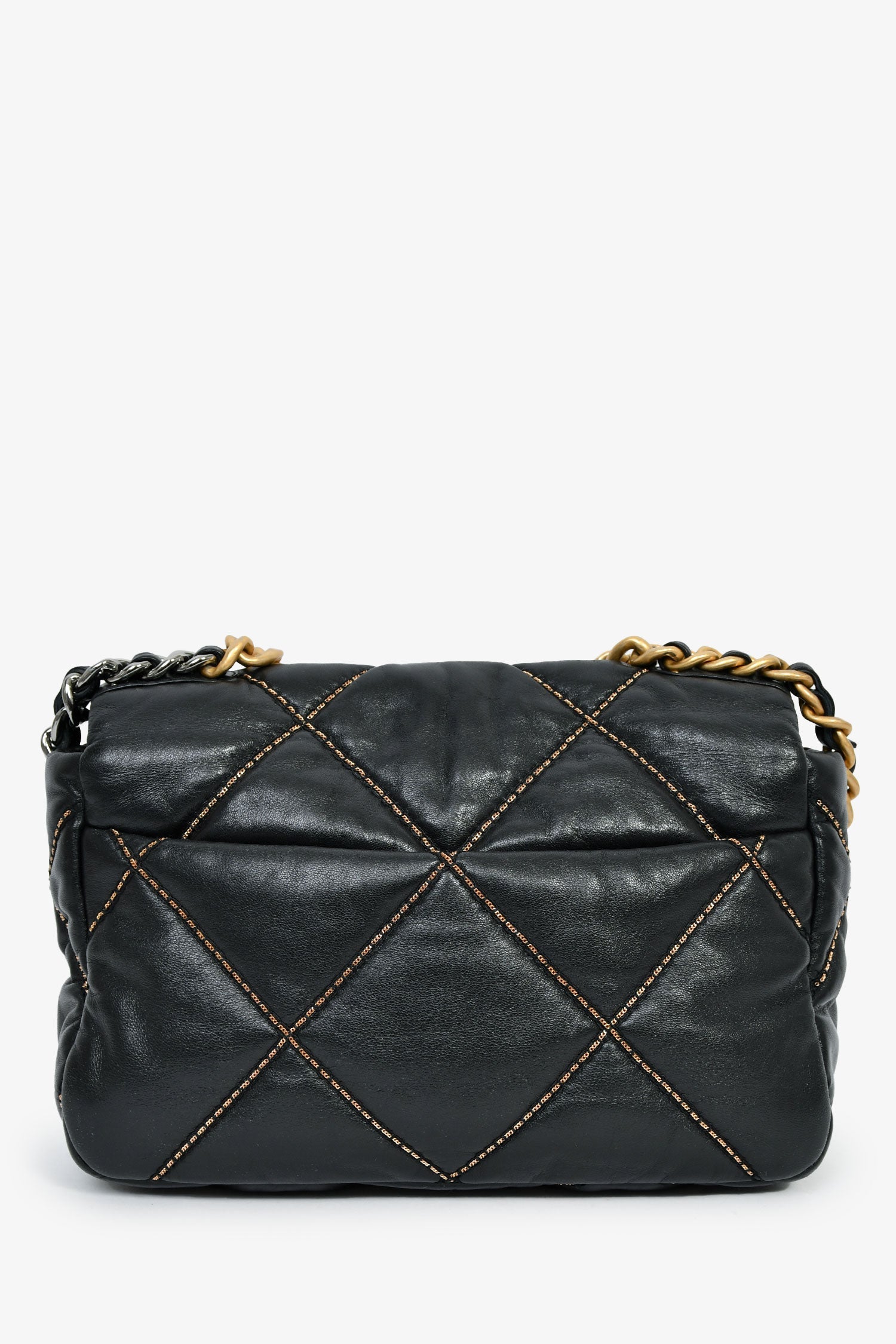 Pre-Loved Chanel™ Black Lambskin/Quilted Gold Chain Small 19 Bag