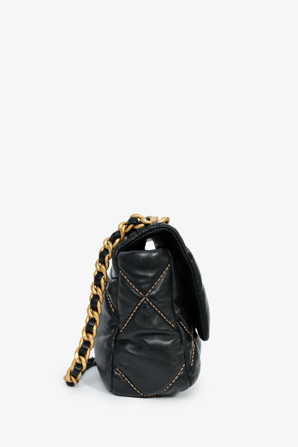 Pre-Loved Chanel™ Black Lambskin/Quilted Gold Chain Small 19 Bag