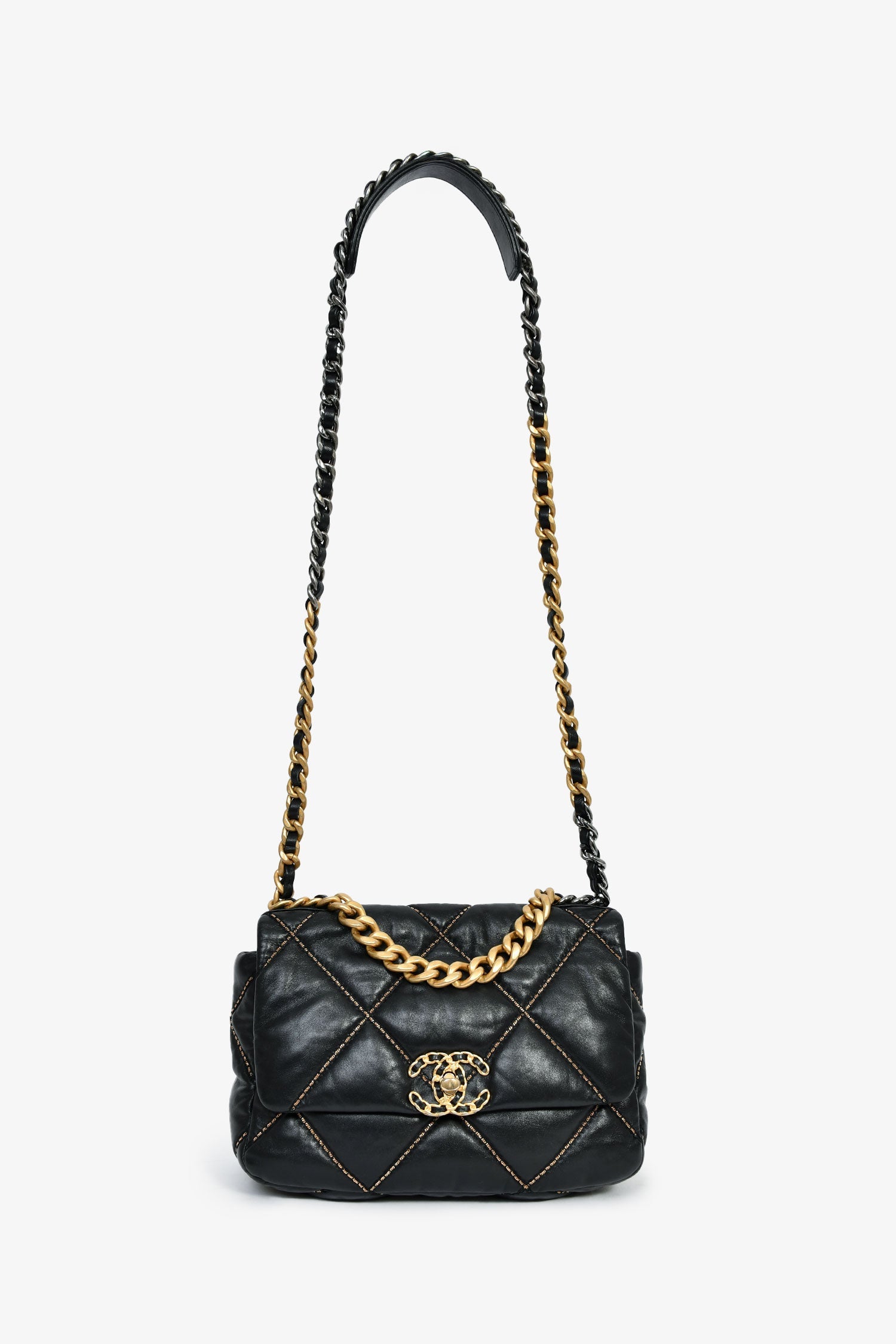 Pre-Loved Chanel™ Black Lambskin/Quilted Gold Chain Small 19 Bag