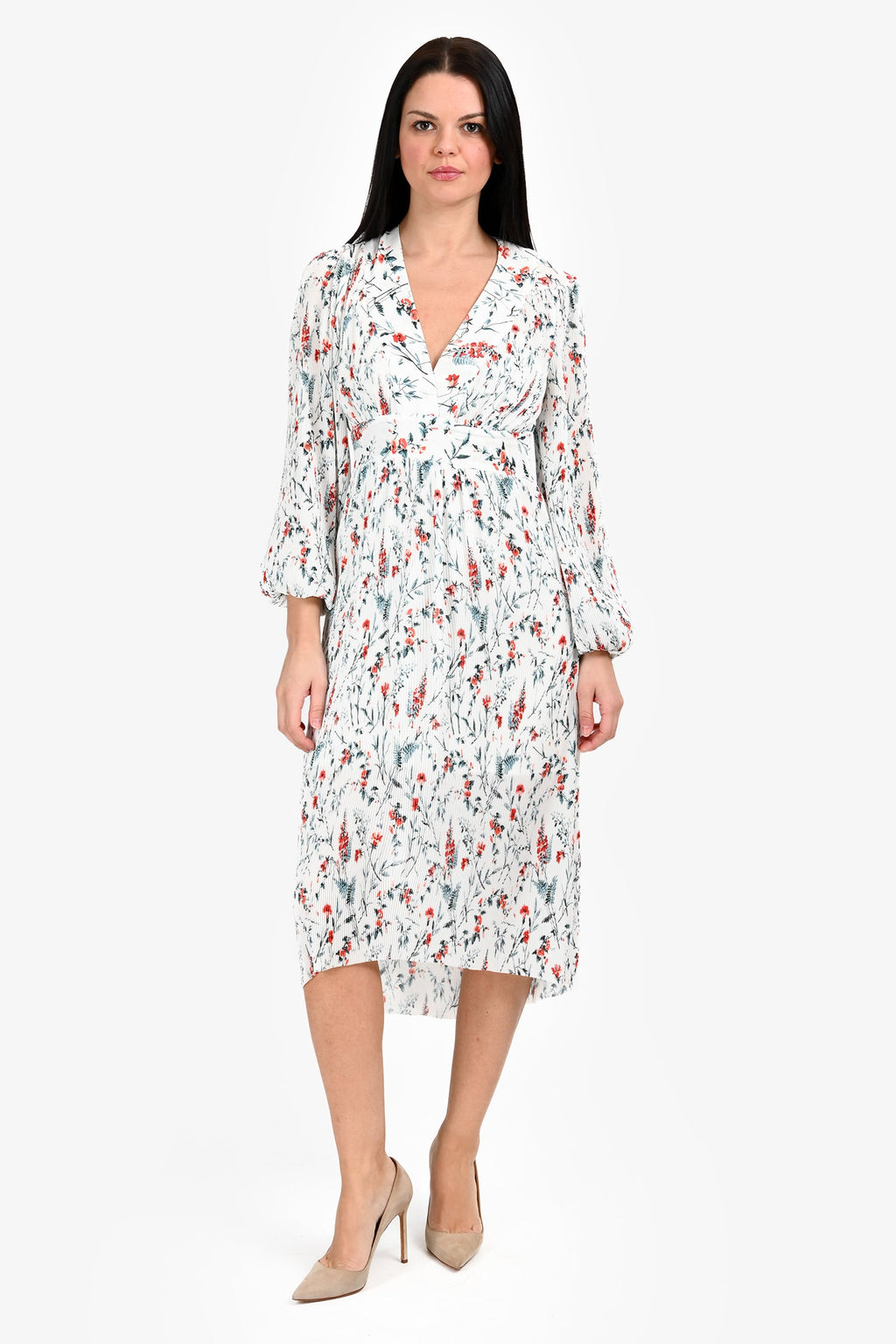 Maje Floral Print Long Sleeve Pleated V-Neck Middi Dress Size 1