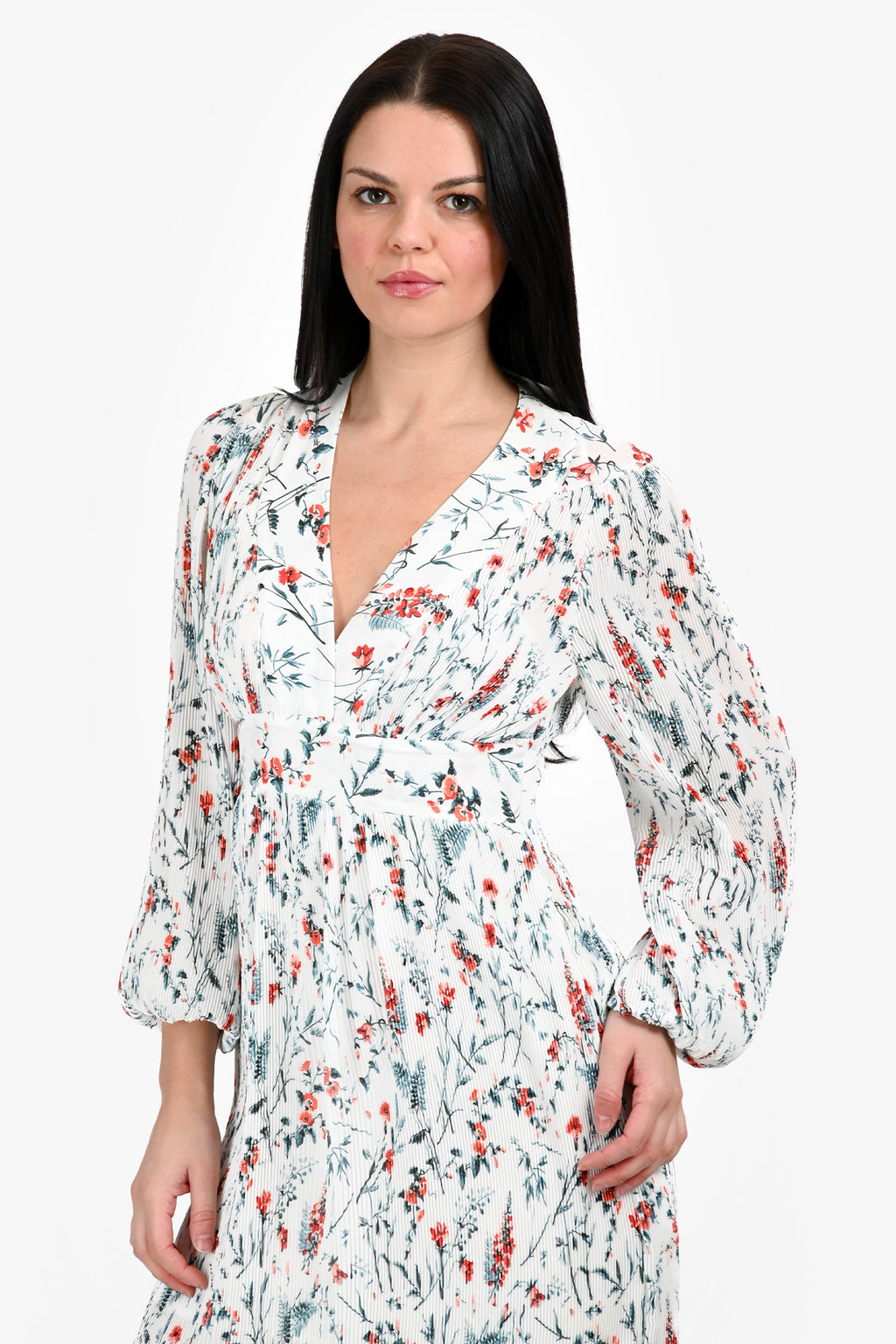 Maje Floral Print Long Sleeve Pleated V-Neck Middi Dress Size 1