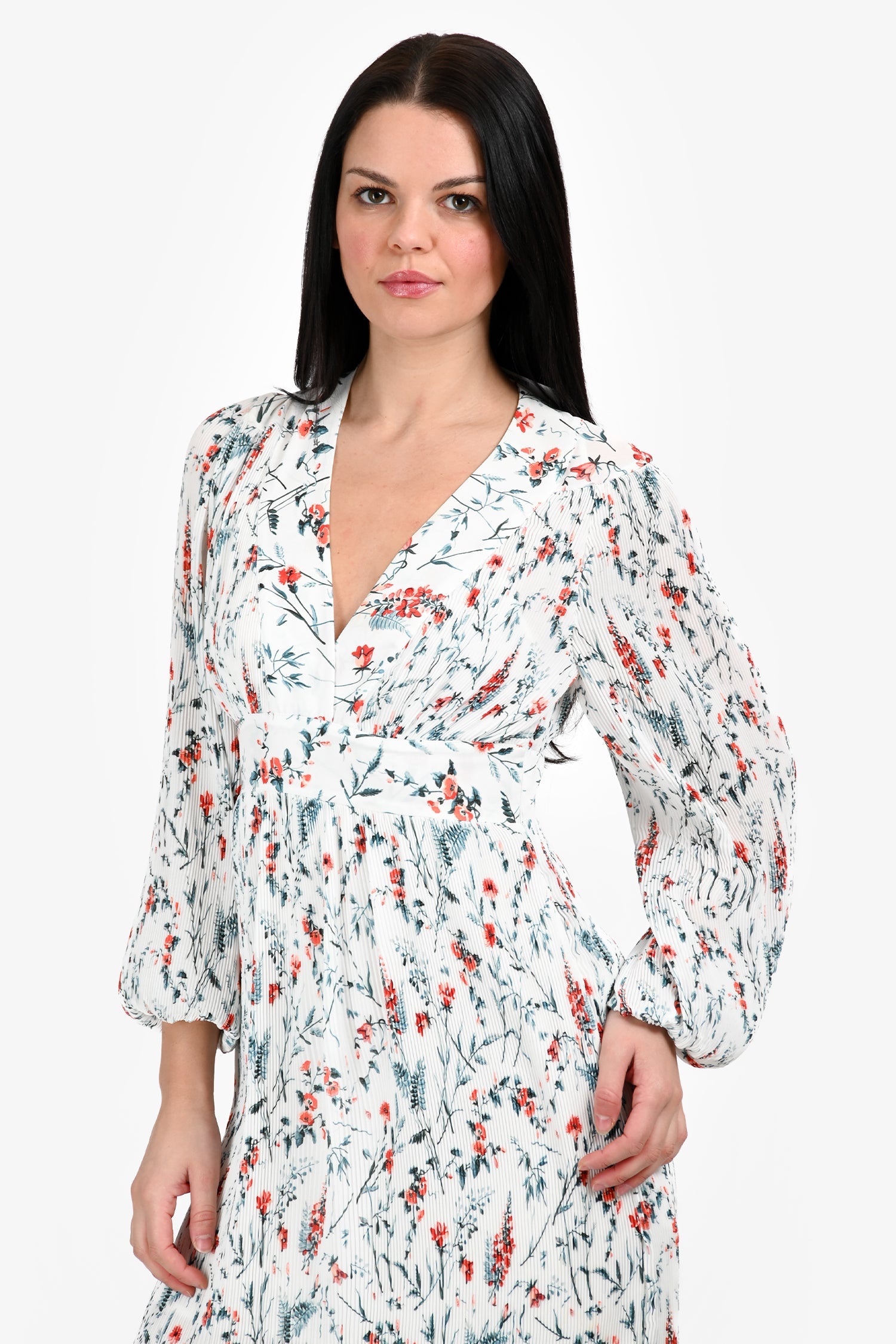 Maje Floral Print Long Sleeve Pleated V-Neck Middi Dress Size 1
