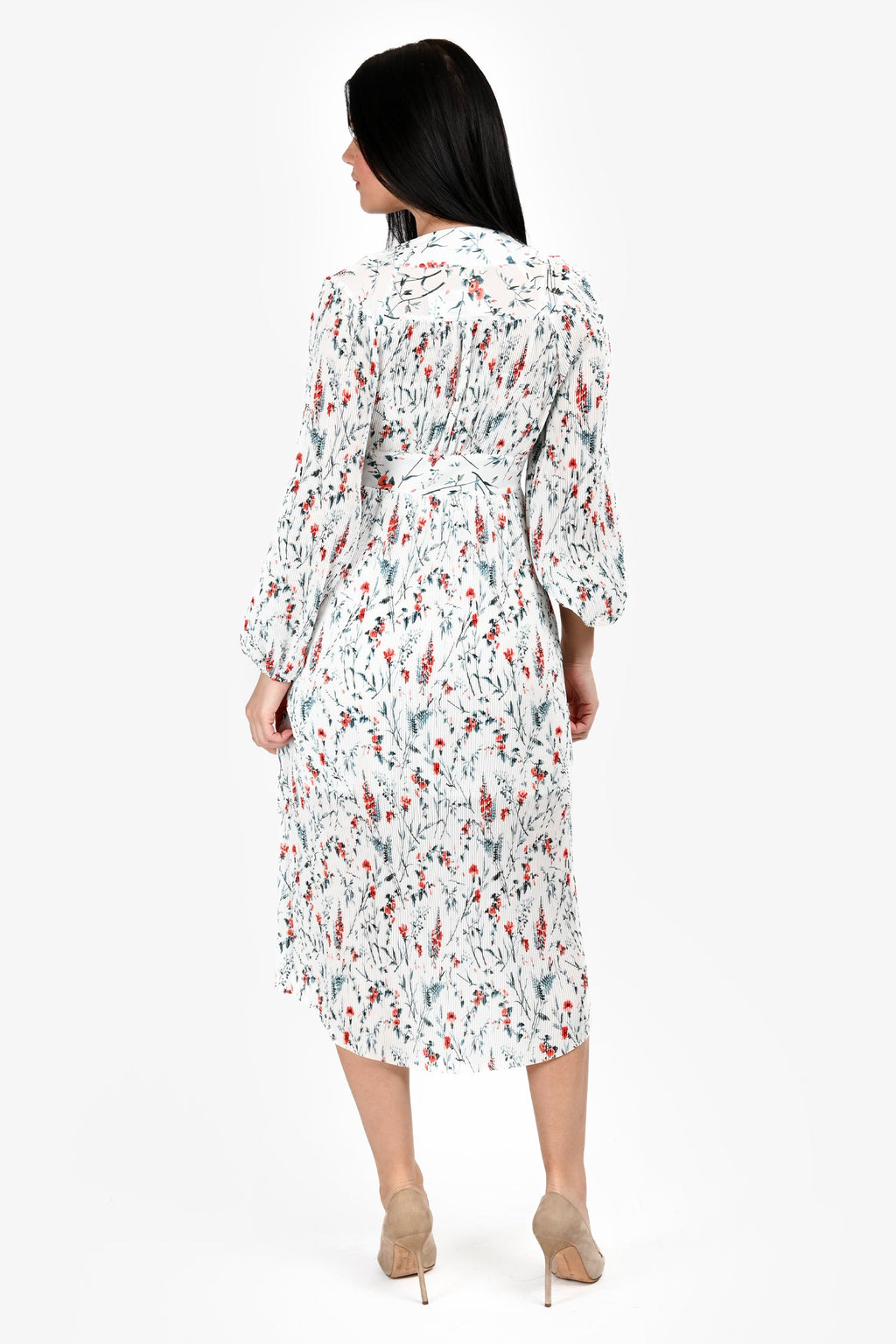 Maje Floral Print Long Sleeve Pleated V-Neck Middi Dress Size 1