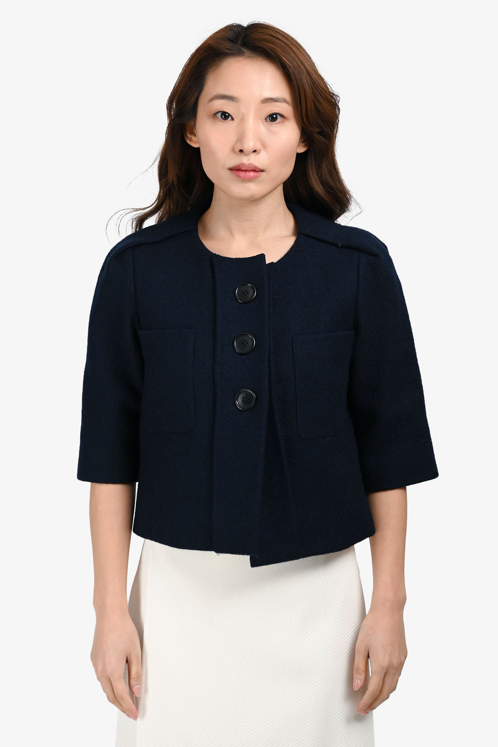 Chloe Navy Blue Wool/Mohair Button-Up Cropped Jacket Size 36