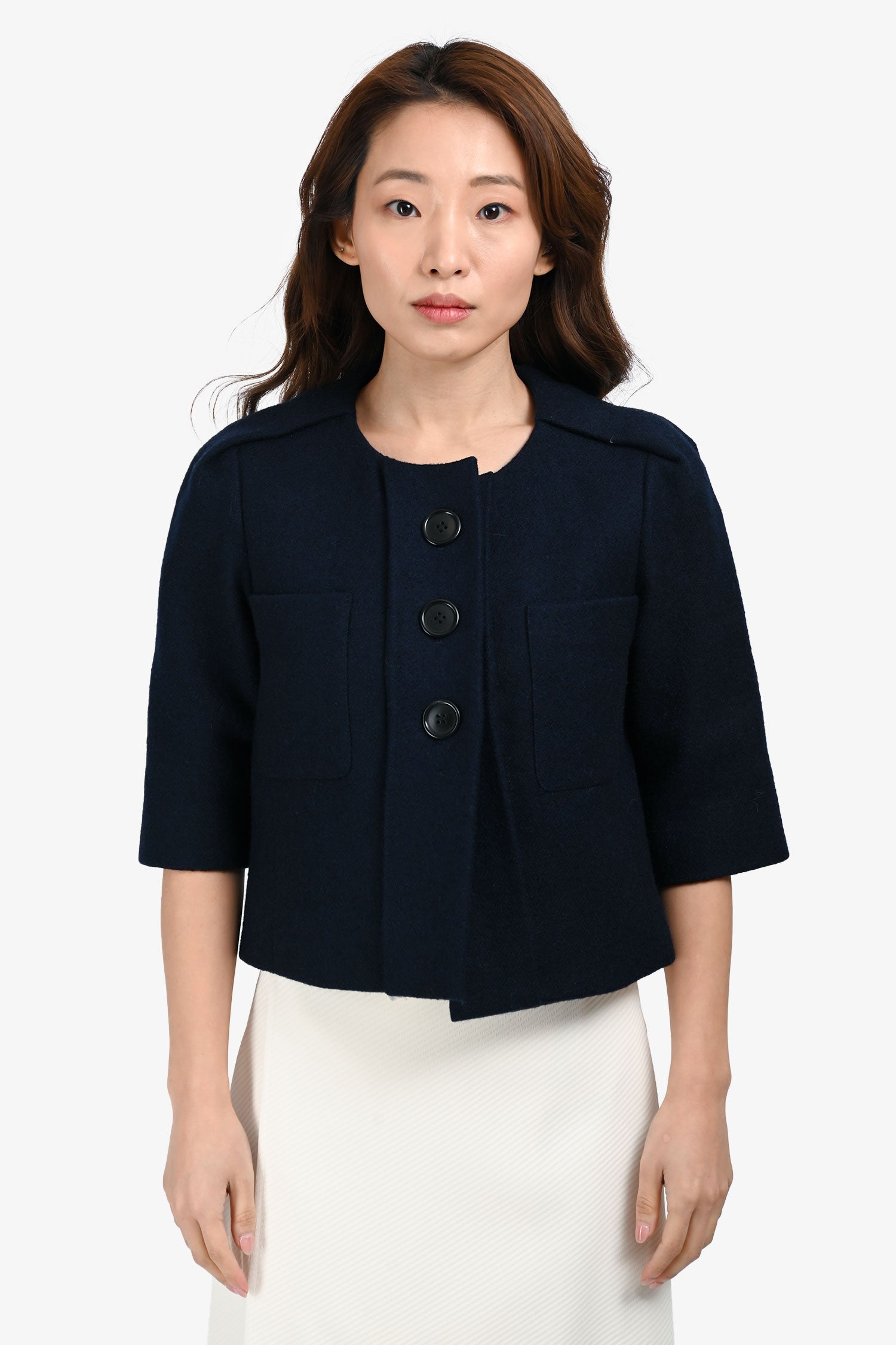 Chloe Navy Blue Wool/Mohair Button-Up Cropped Jacket Size 36
