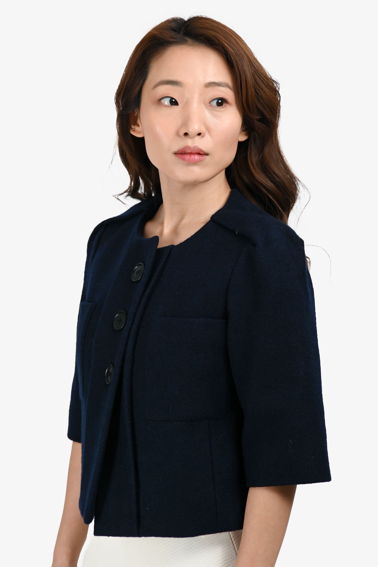 Chloe Navy Blue Wool/Mohair Button-Up Cropped Jacket Size 36