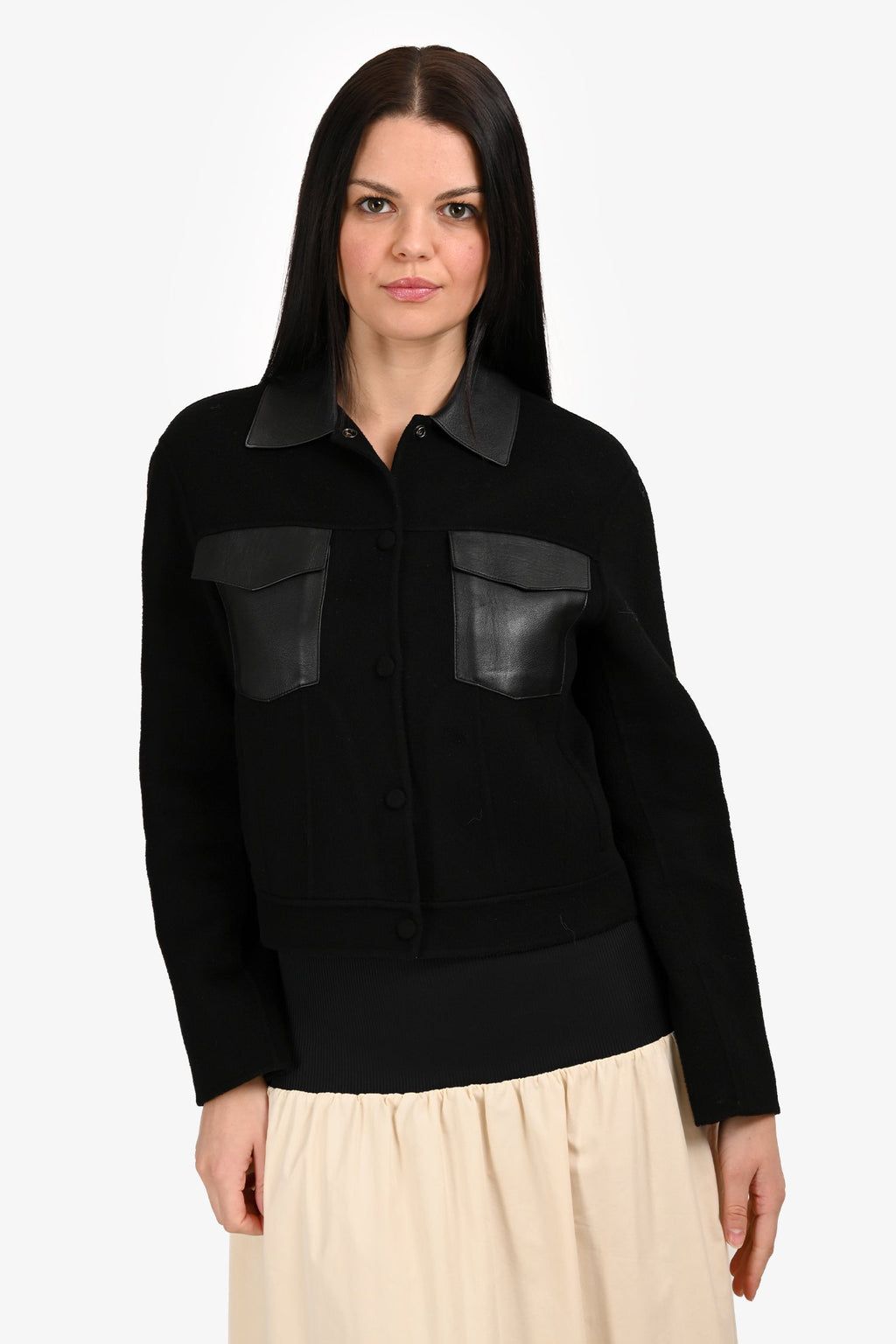 Theory Black Wool/Leather Trucker Jacket Size XS