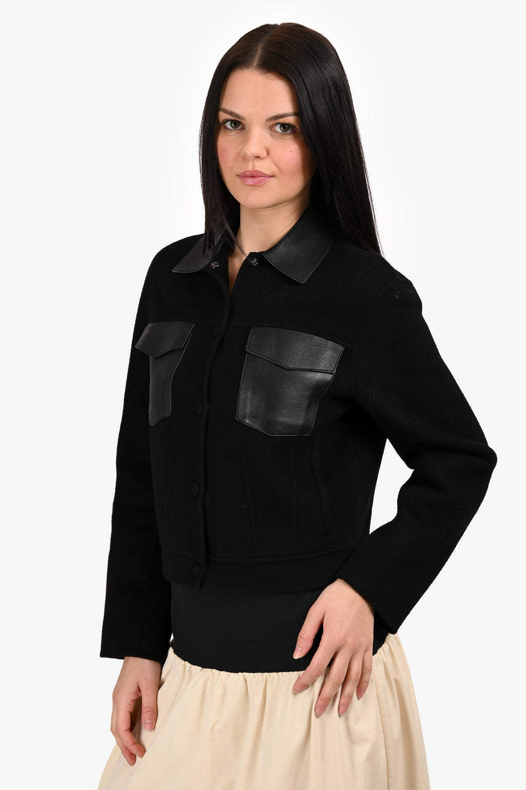 Theory Black Wool/Leather Trucker Jacket Size XS