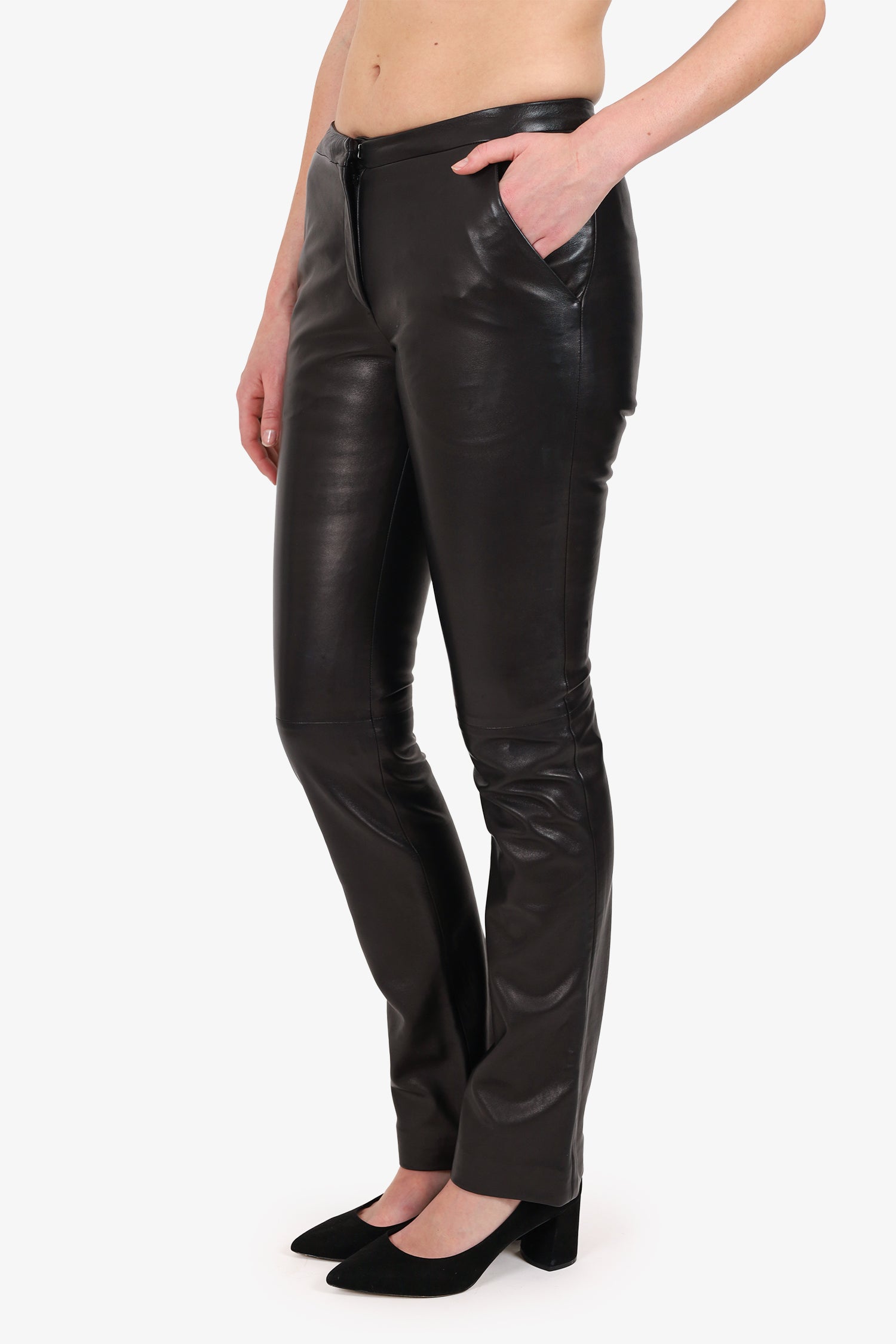 Versace Black Leather Straight Leg Pants Estimated Size S
