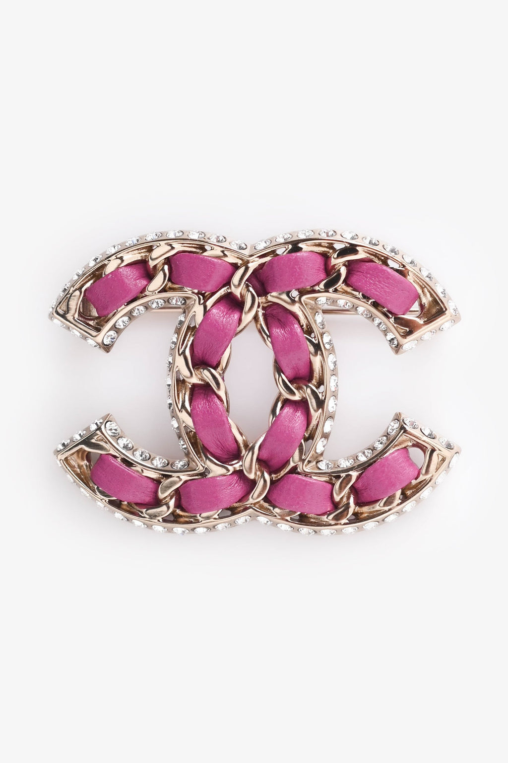 Pre-Loved Chanel™ 2021 Gold Tone Metal/Pink Leather Intertwine CC Brooch