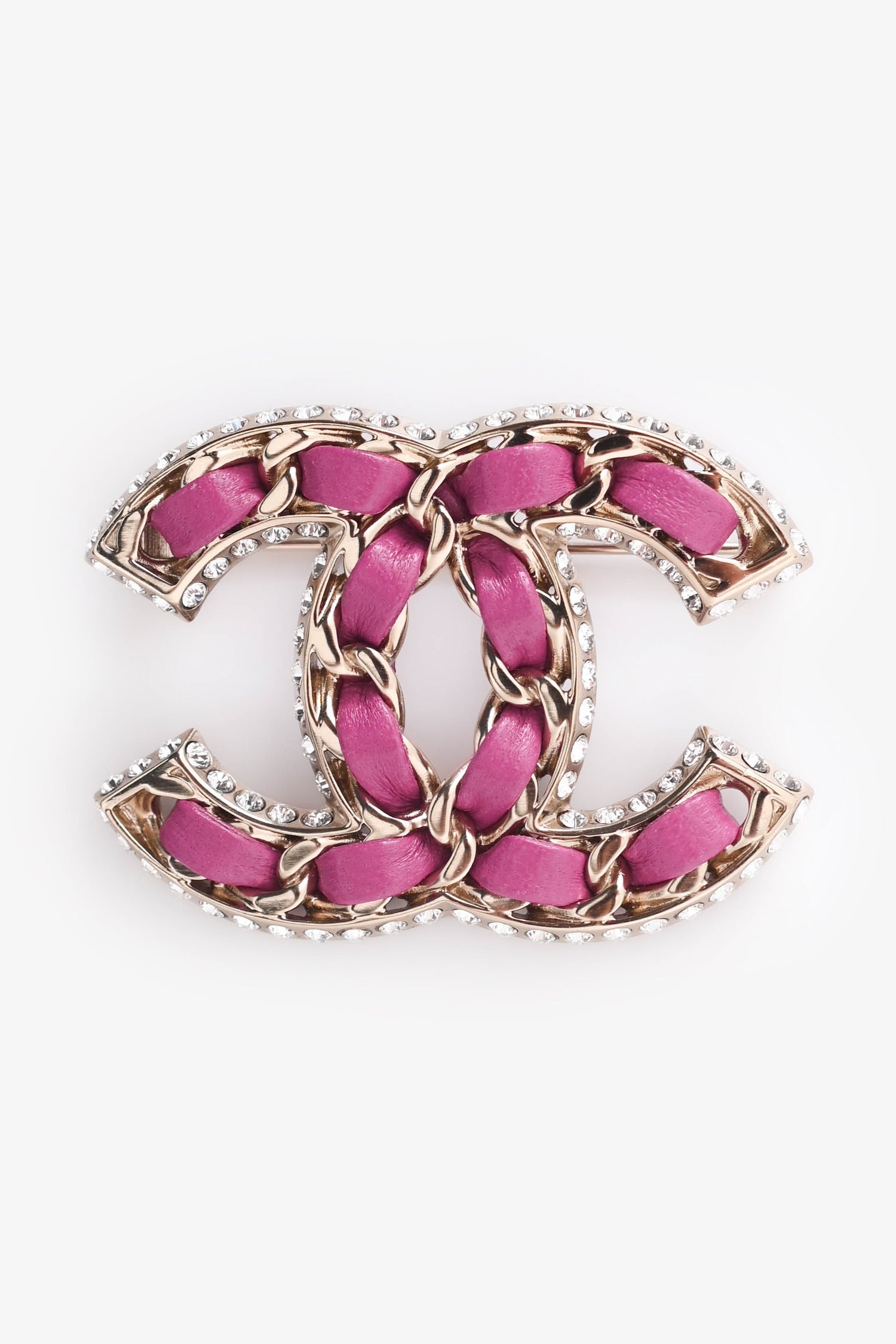 Pre-Loved Chanel™ 2021 Gold Tone Metal/Pink Leather Intertwine CC Brooch