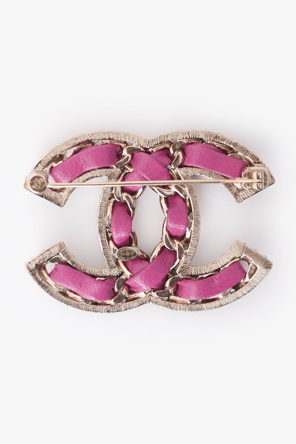 Pre-Loved Chanel™ 2021 Gold Tone Metal/Pink Leather Intertwine CC Brooch