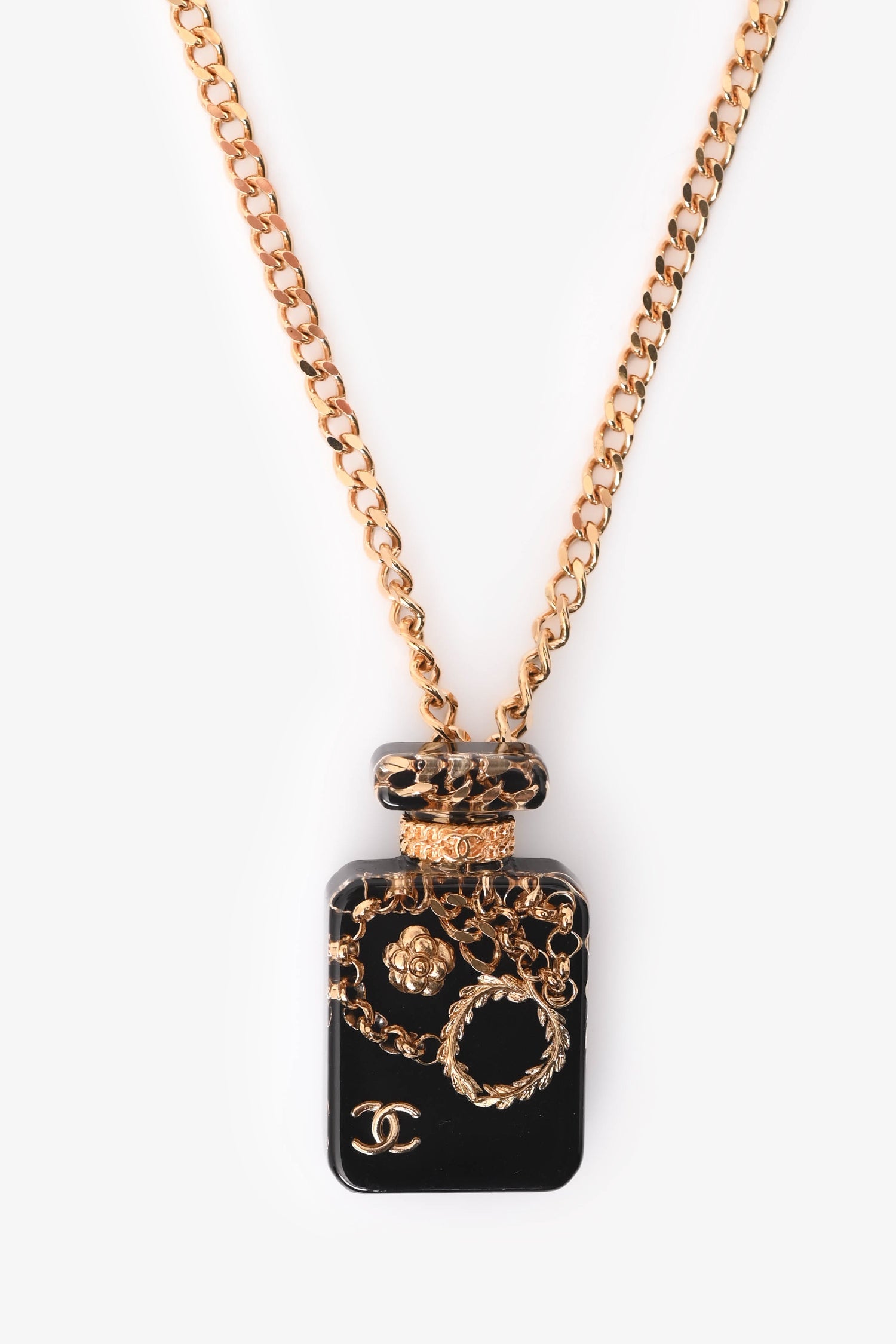 Pre-Loved Chanel™ 2021 Gold Tone Metal Chain Decorated Perfume Bottle Pendant Necklace