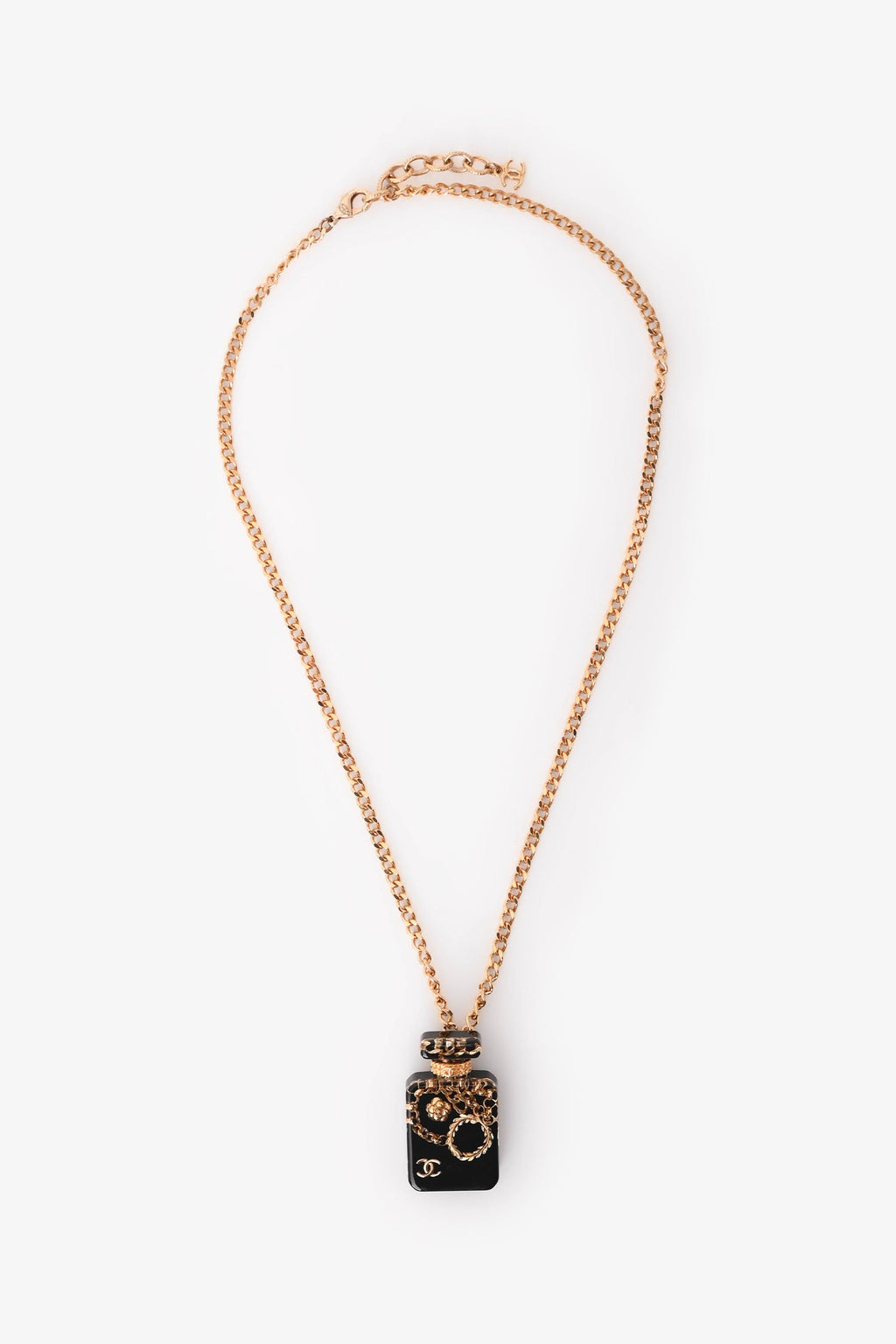 Pre-Loved Chanel™ 2021 Gold Tone Metal Chain Decorated Perfume Bottle Pendant Necklace