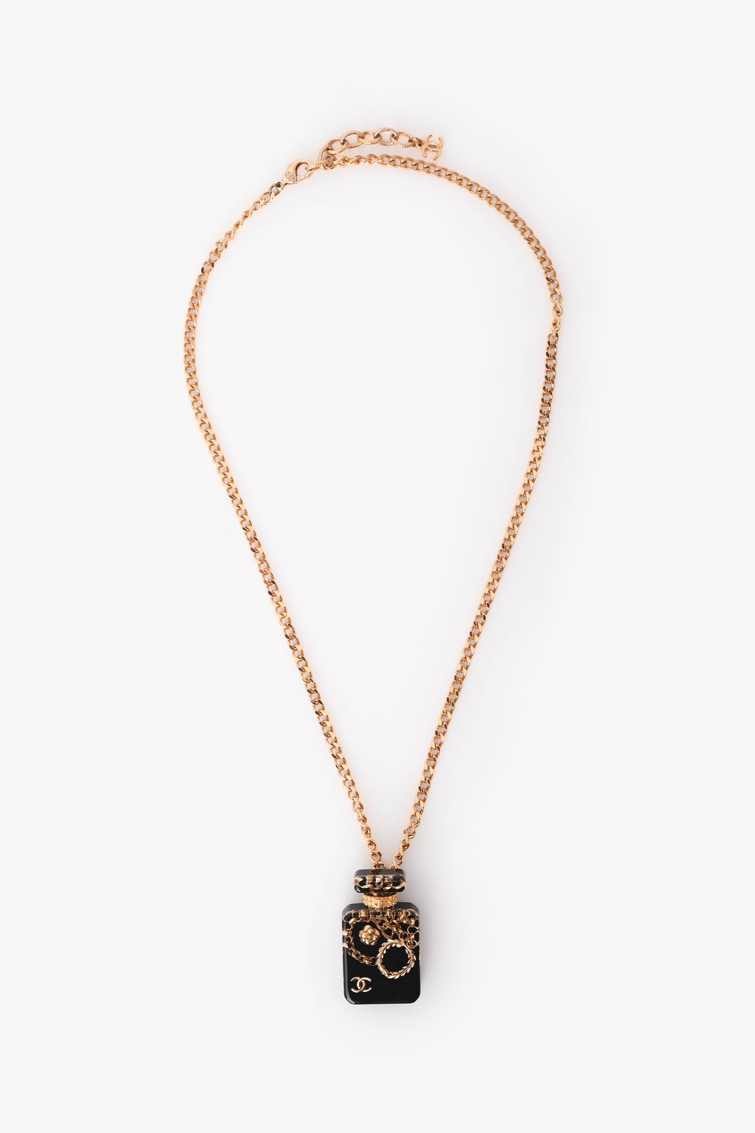 Pre-Loved Chanel™ 2021 Gold Tone Metal Chain Decorated Perfume Bottle Pendant Necklace