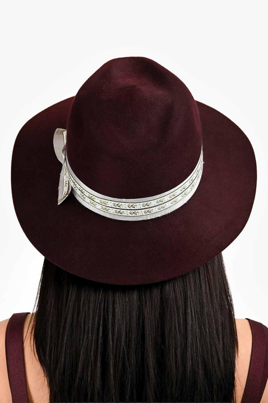 Maison Michel Burgundy Foliate Ribbon Fedora Hats Size M