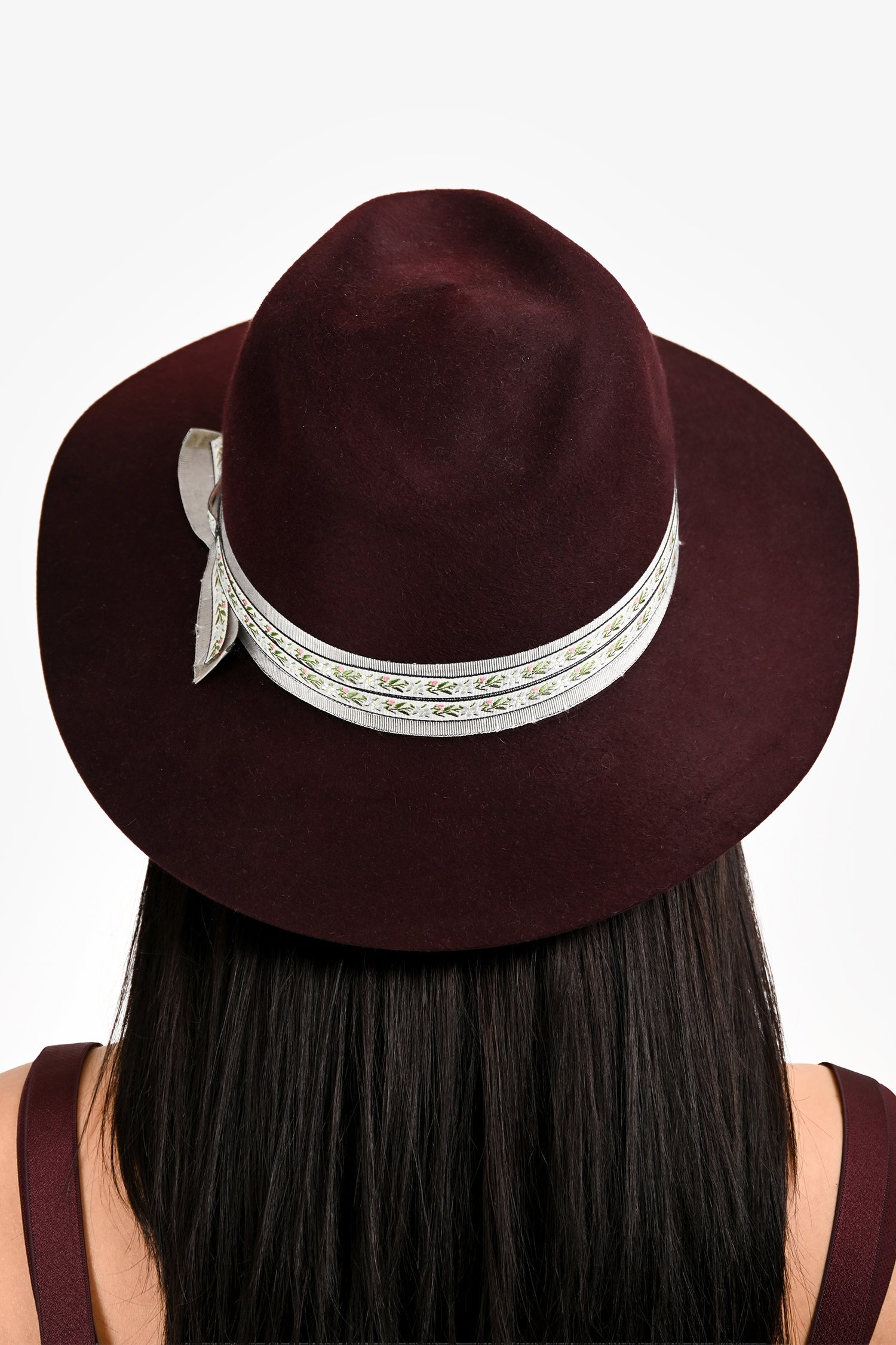 Maison Michel Burgundy Foliate Ribbon Fedora Hats Size M
