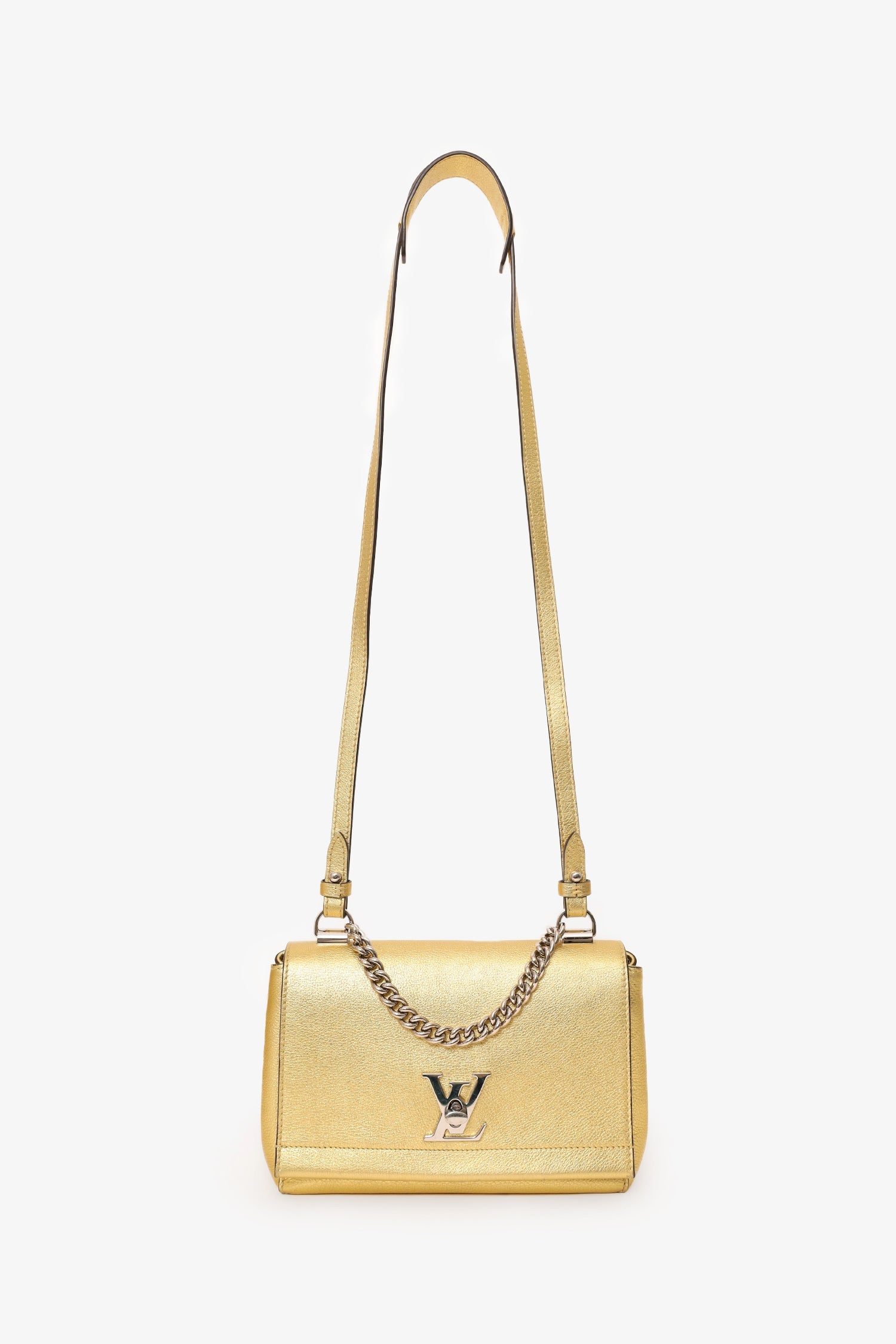 Louis Vuitton 2017 Gold Metallic Taurillon Leather 'LockMe' BB Chain Bag with Strap
