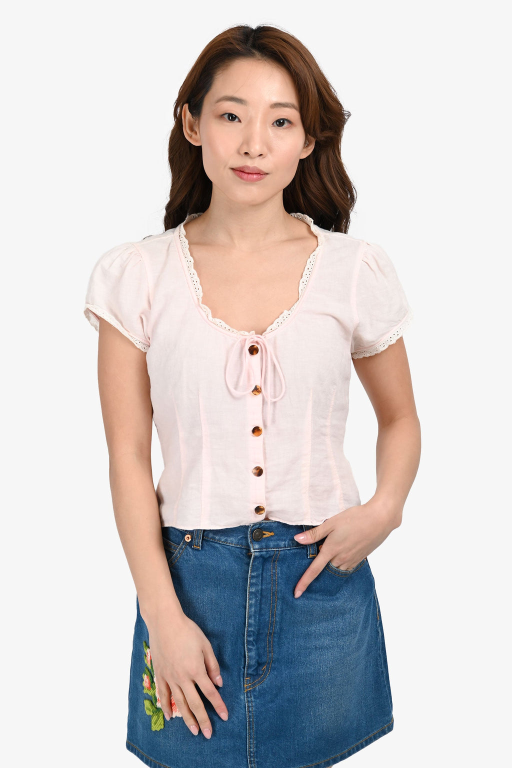 Love Shack Fancy Light Pink Cotton/Linen Buttoned Short Sleeve Top Size XS