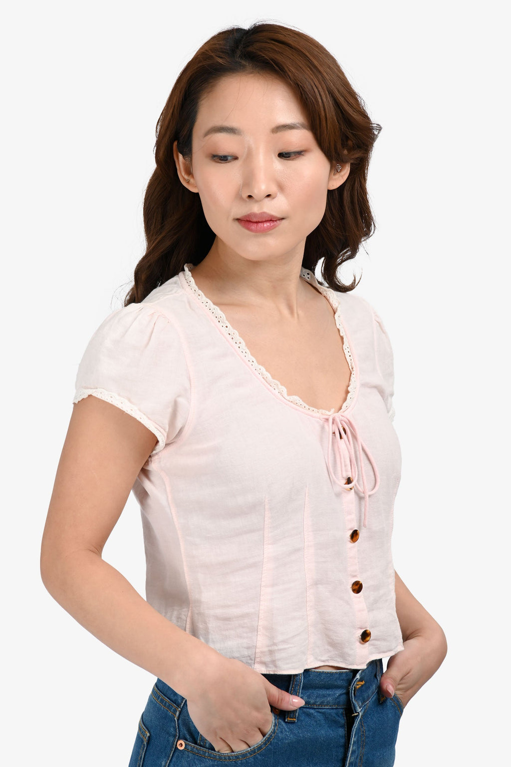 Love Shack Fancy Light Pink Cotton/Linen Buttoned Short Sleeve Top Size XS