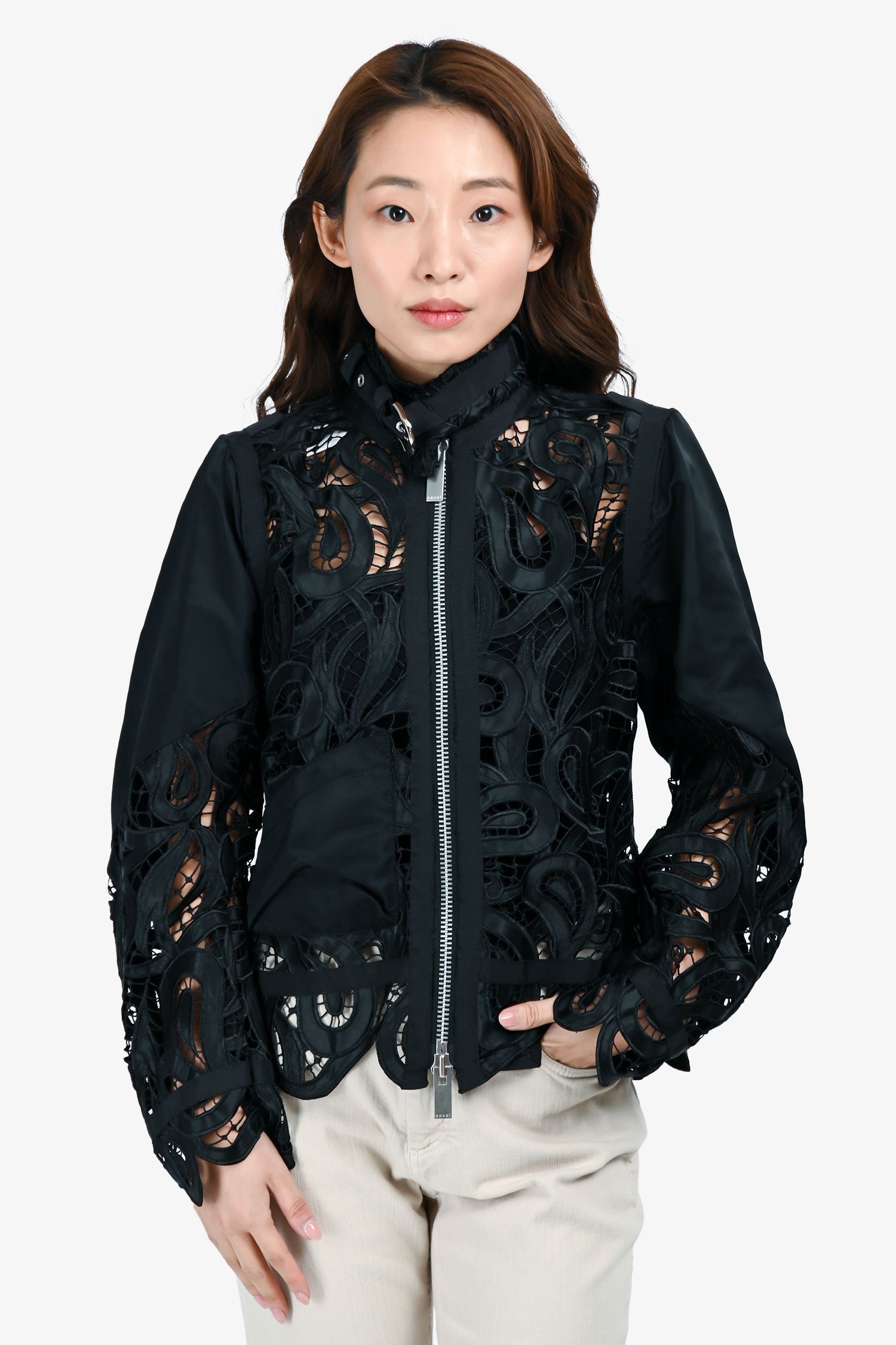 Sacai Black Satin Lace Bomber Jacket Size 1