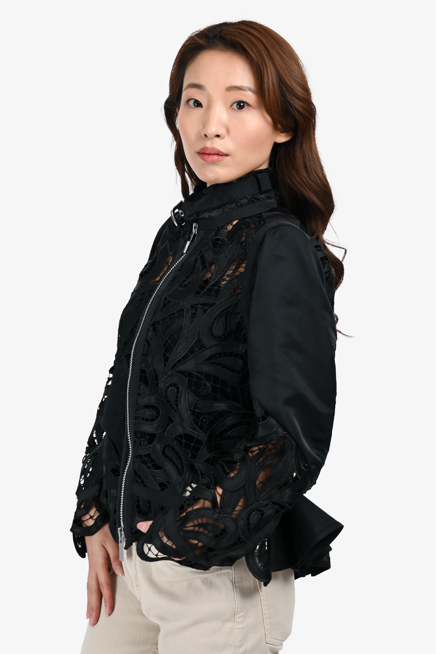 Sacai Black Satin Lace Bomber Jacket Size 1