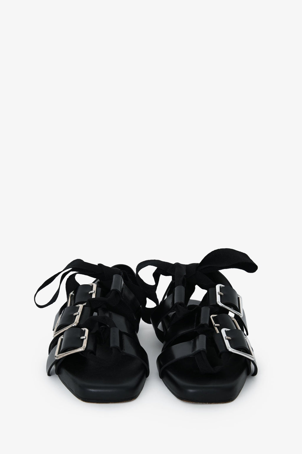Jill Sander Black Leather Gladiator Buckle Sandals With Ribbon Size 35.5
