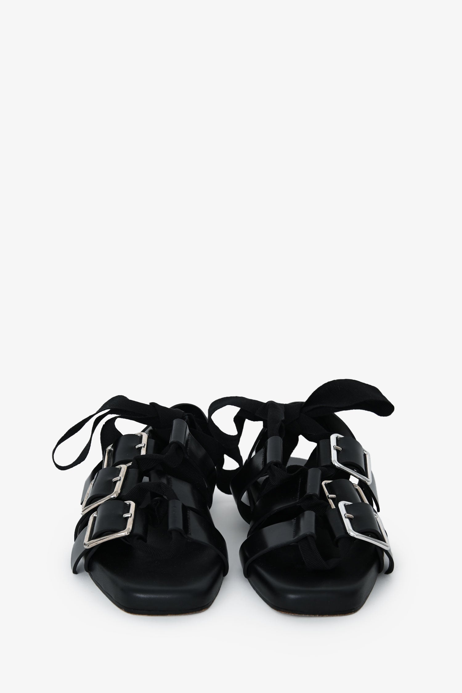 Jill Sander Black Leather Gladiator Buckle Sandals With Ribbon Size 35.5