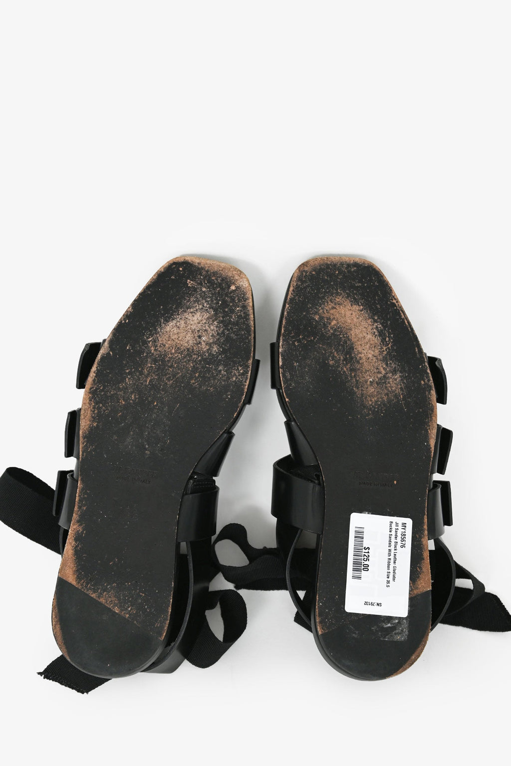 Jill Sander Black Leather Gladiator Buckle Sandals With Ribbon Size 35.5