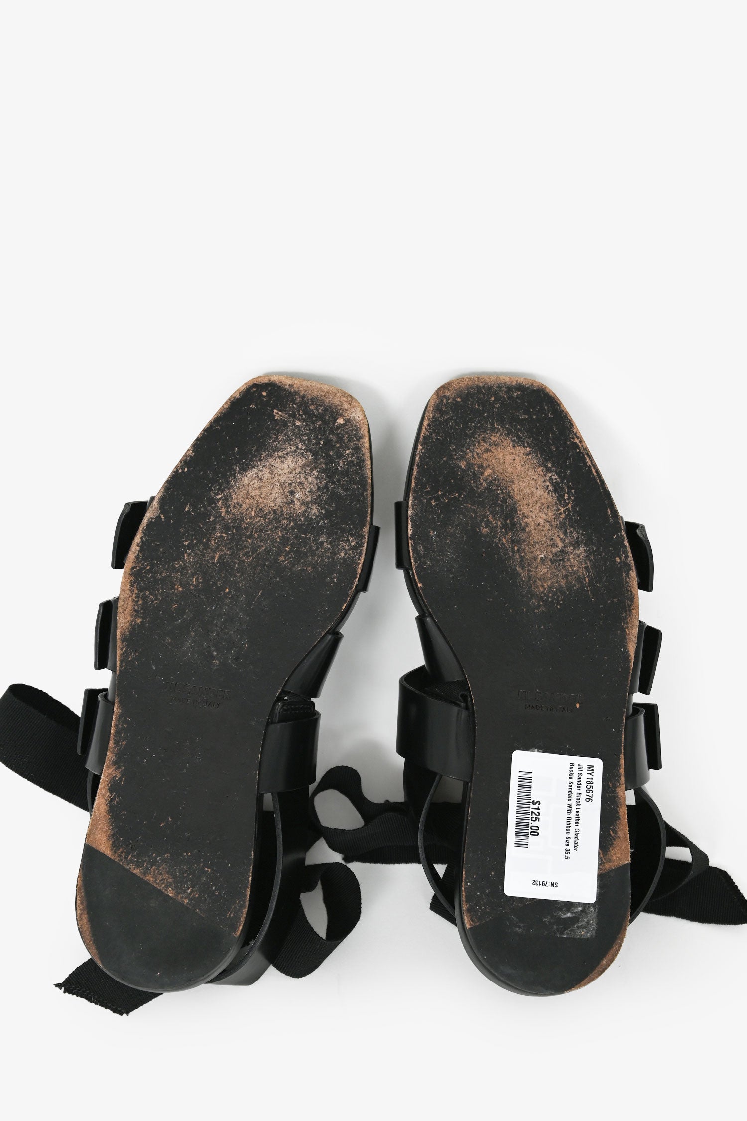 Jill Sander Black Leather Gladiator Buckle Sandals With Ribbon Size 35.5
