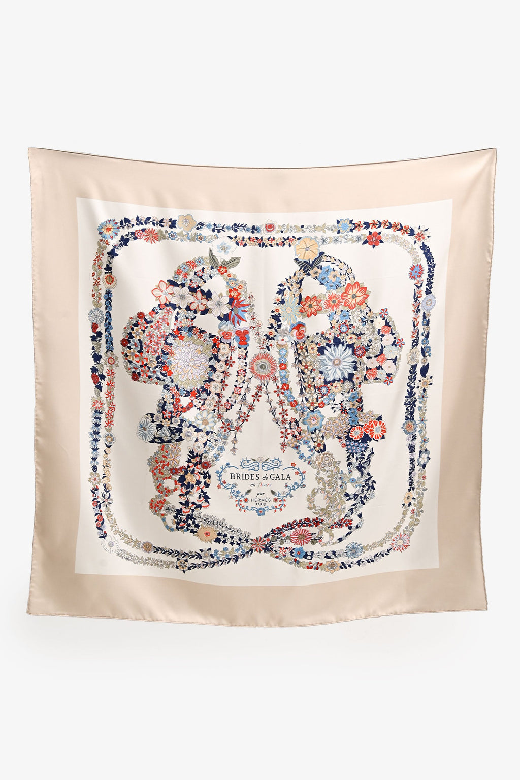 Hermès Beige/White Silk 'Brides des Gala en fleur' Scarf 90