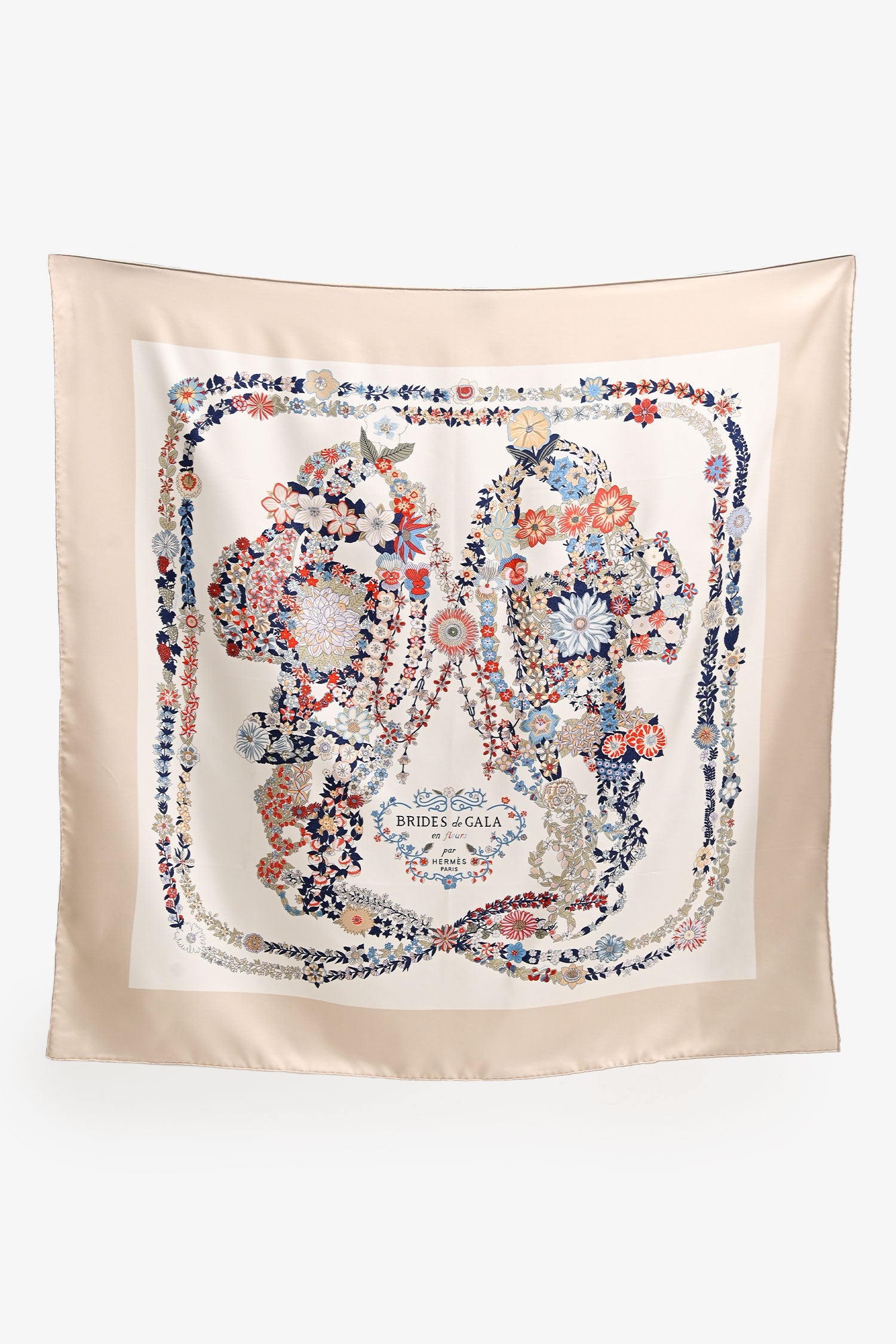 Hermès Beige/White Silk 'Brides des Gala en fleur' Scarf 90