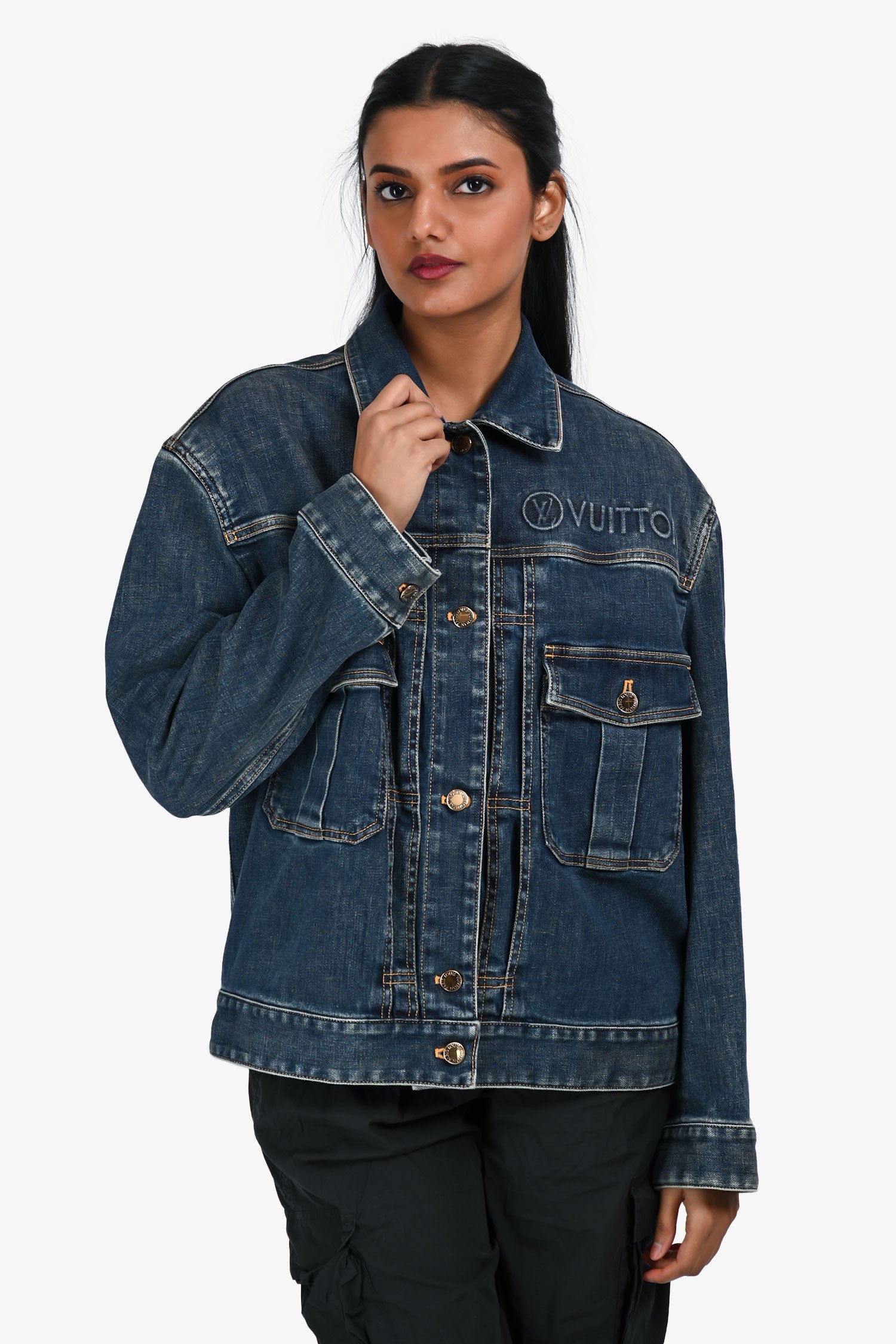 Louis Vuitton Blue Distressed Denim Logo Jacket Size 34