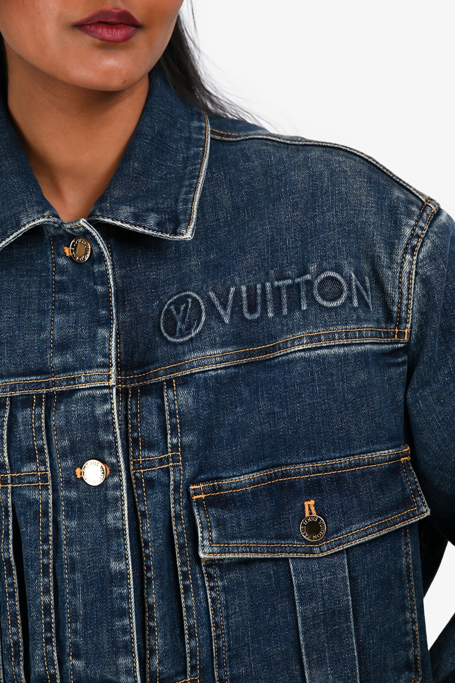 Louis Vuitton Blue Distressed Denim Logo Jacket Size 34