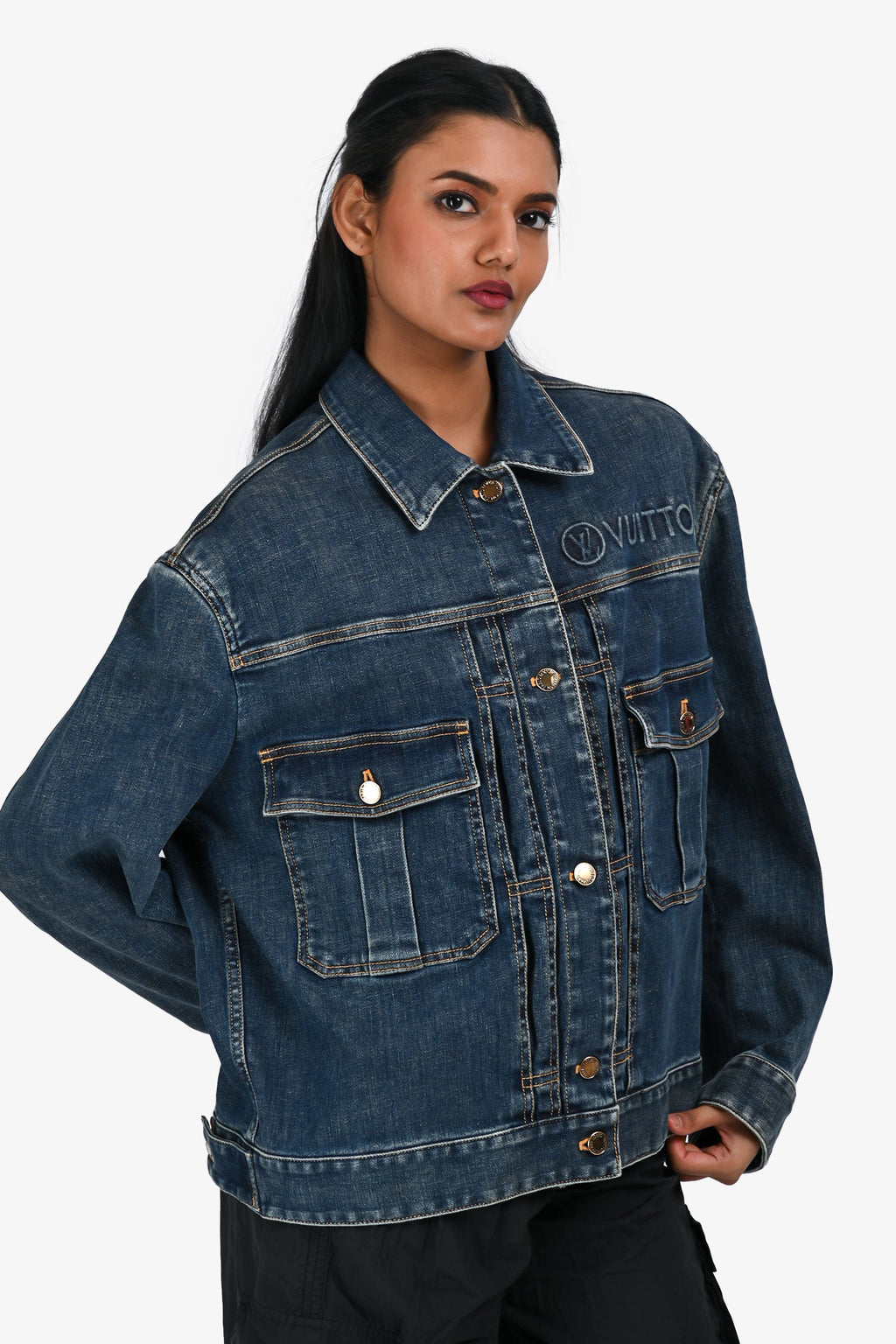 Louis Vuitton Blue Distressed Denim Logo Jacket Size 34