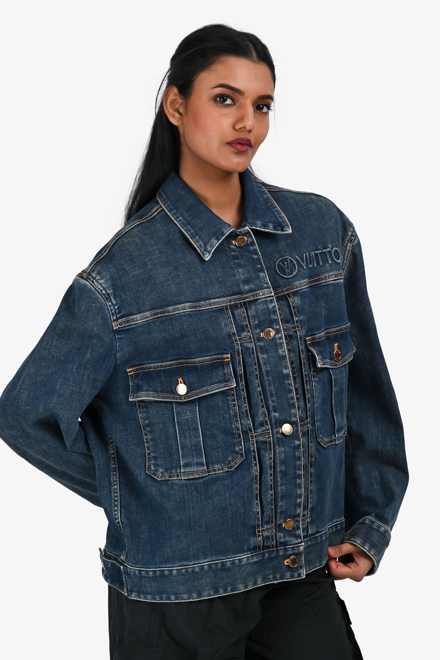 Louis Vuitton Blue Distressed Denim Logo Jacket Size 34