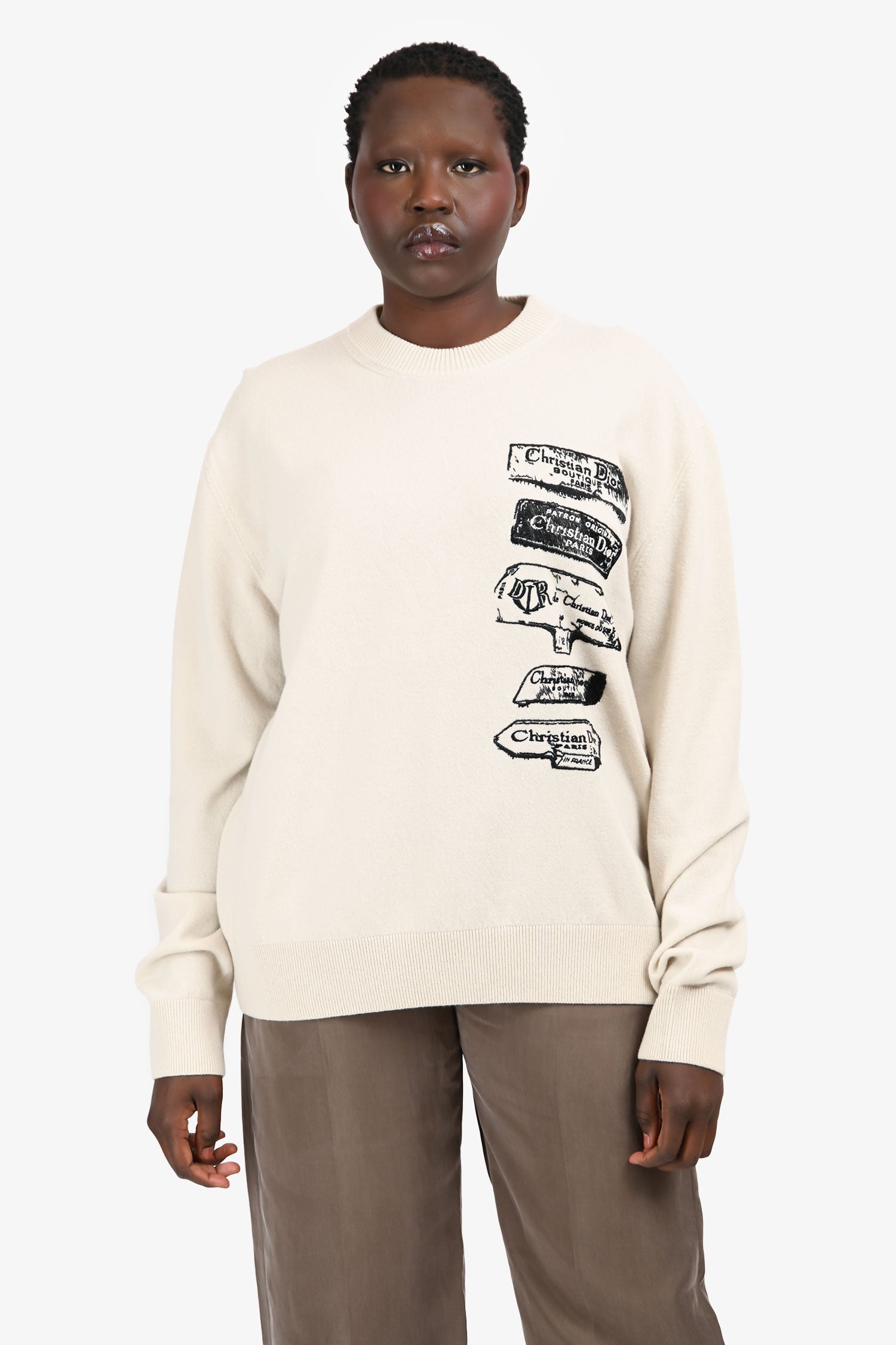 Christian Dior Cream Wool Graphic Crewneck Sweater Size XL