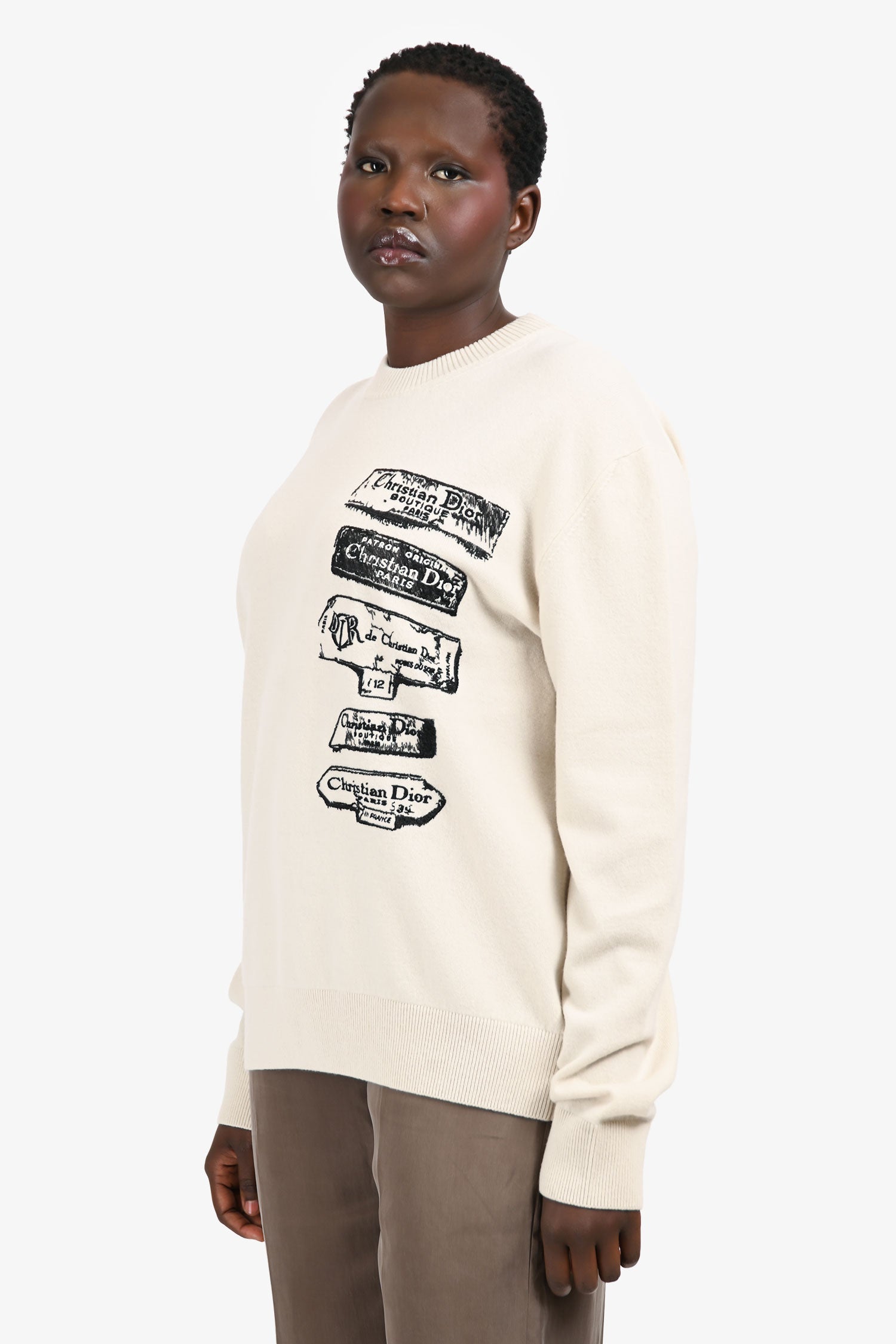 Christian Dior Cream Wool Graphic Crewneck Sweater Size XL