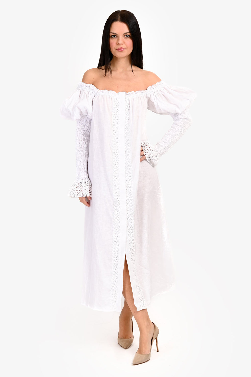 Sleeper White Linen Puff Sleeve Maxi Dress Size M