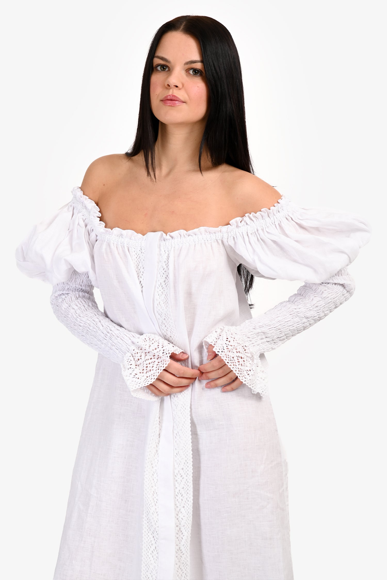 Sleeper White Linen Puff Sleeve Maxi Dress Size M