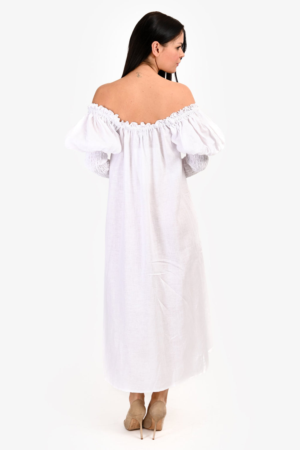 Sleeper White Linen Puff Sleeve Maxi Dress Size M
