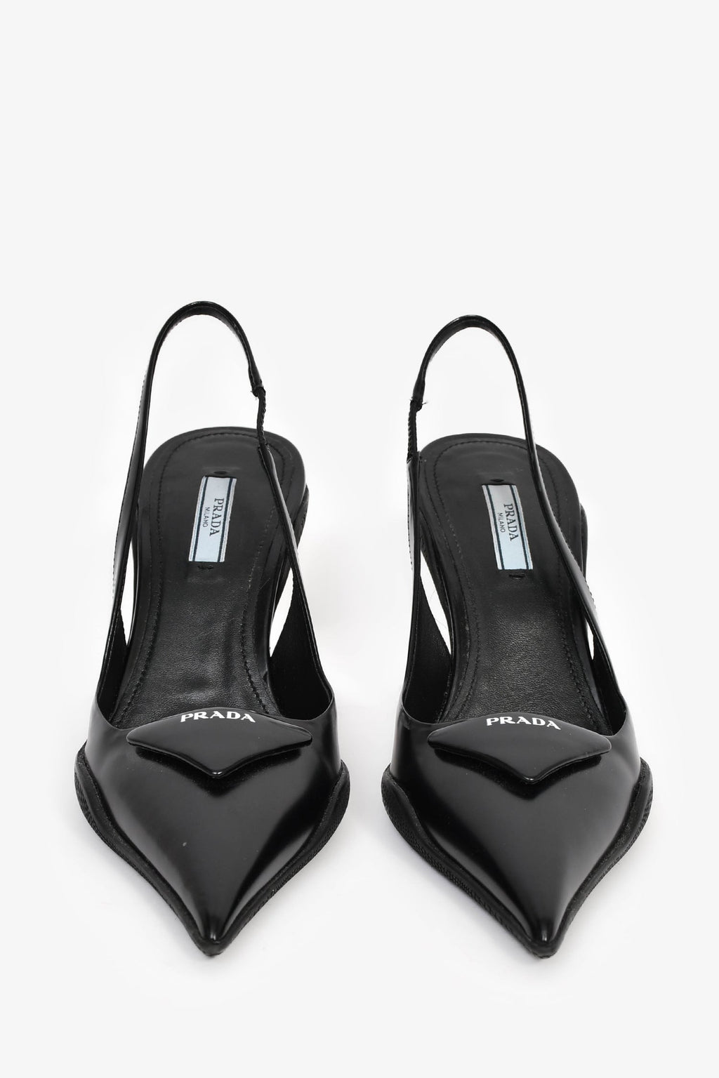 Prada Black Leather Logo-Plaque Slingback Heels Size 38.5