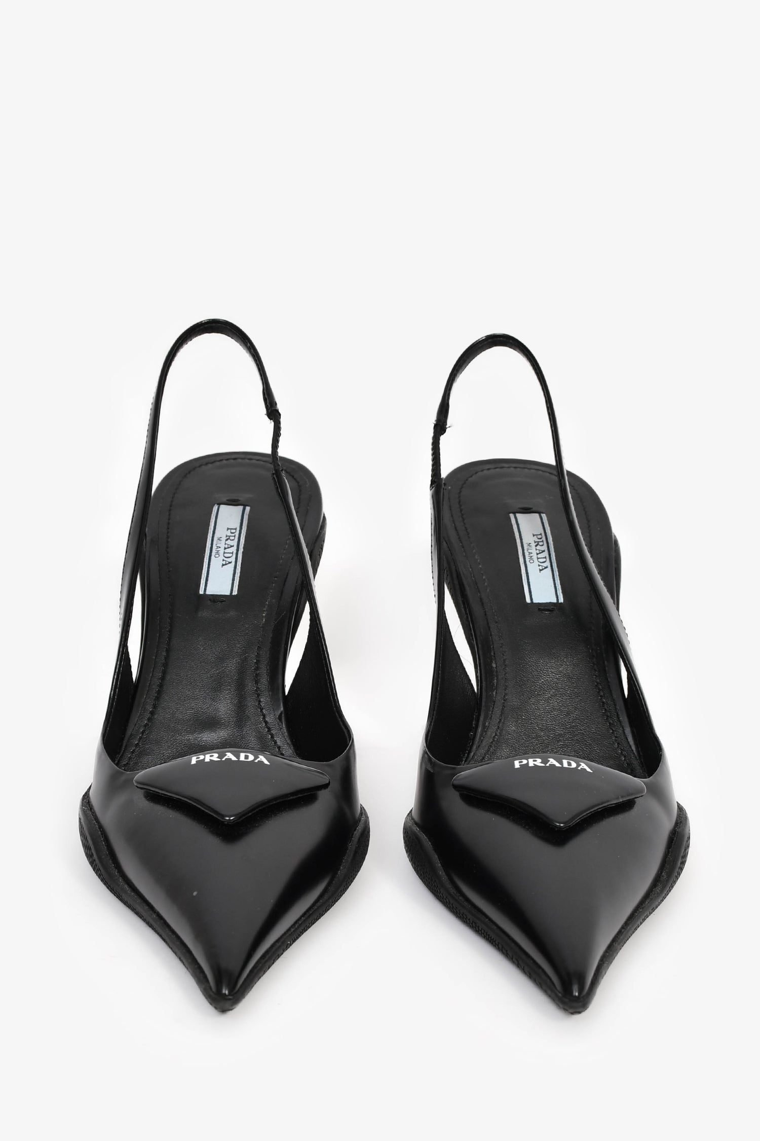 Prada Black Leather Logo-Plaque Slingback Heels Size 38.5