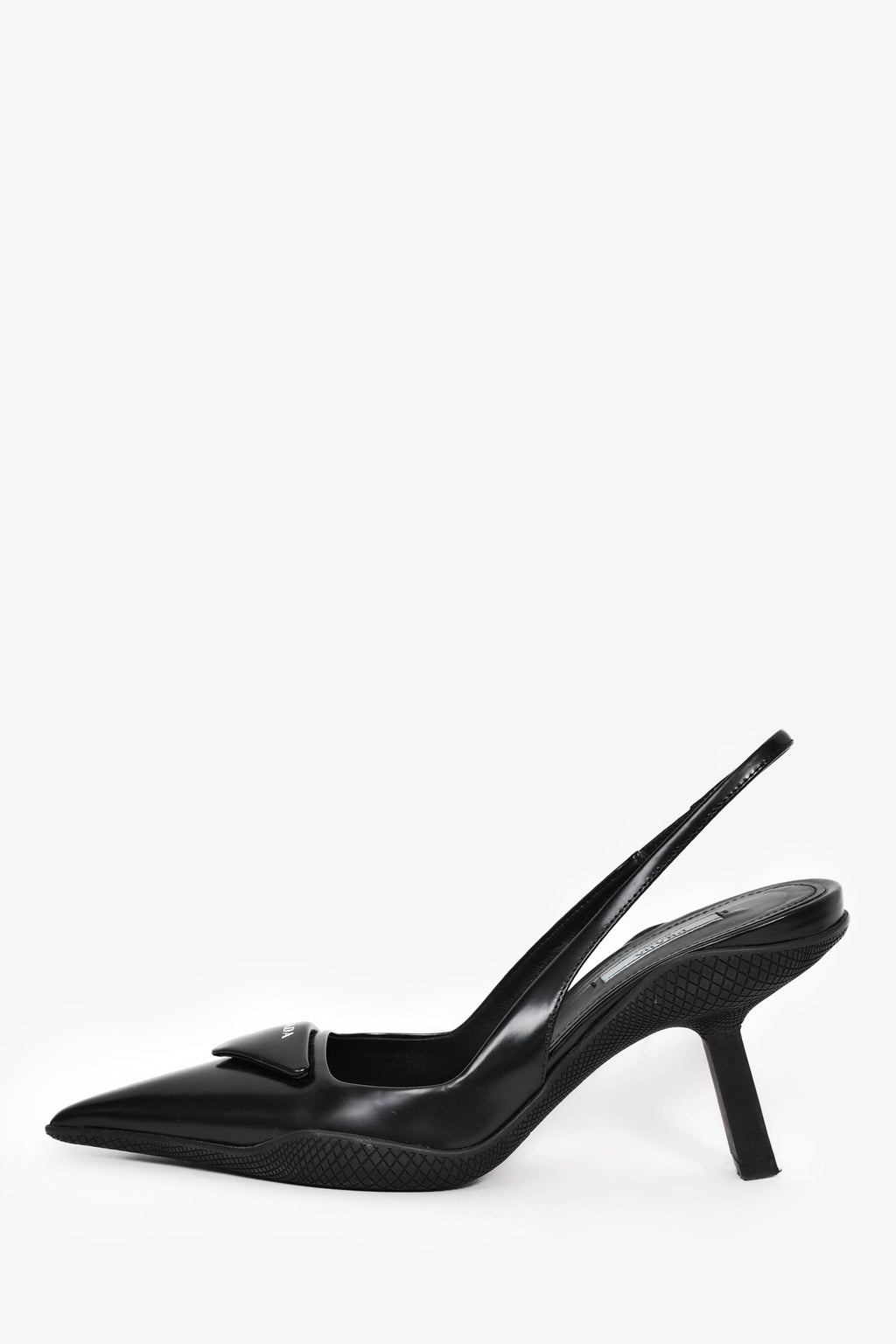 Prada Black Leather Logo-Plaque Slingback Heels Size 38.5