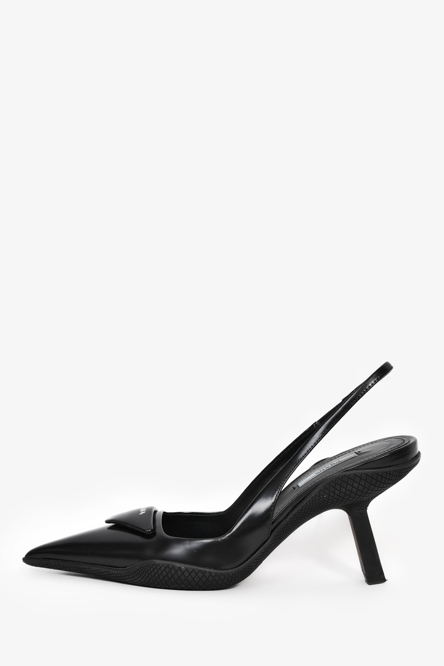 Prada Black Leather Logo-Plaque Slingback Heels Size 38.5