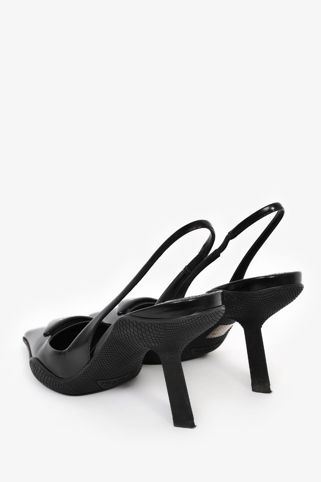 Prada Black Leather Logo-Plaque Slingback Heels Size 38.5