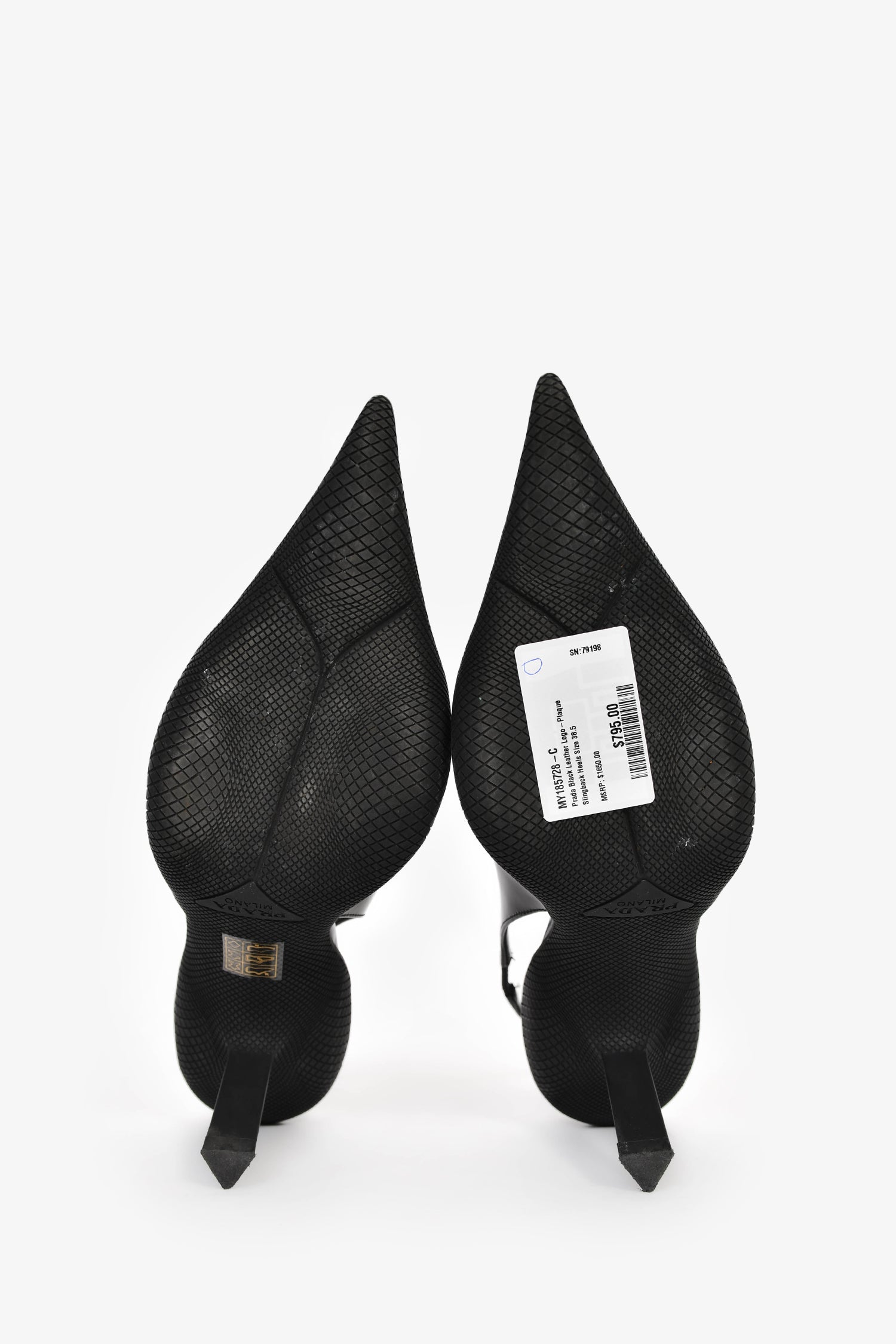 Prada Black Leather Logo-Plaque Slingback Heels Size 38.5