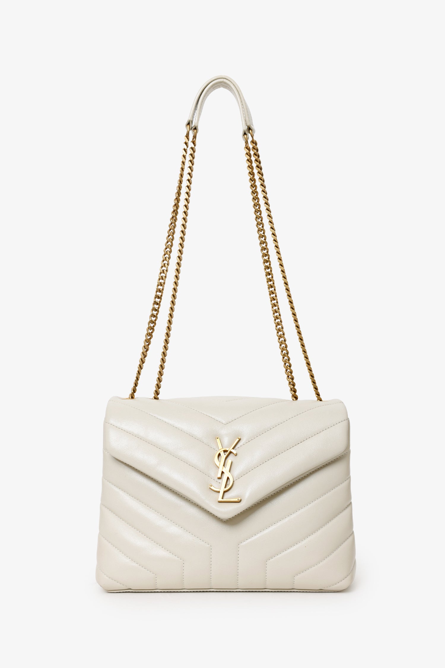 YSL Taupe Small Lou Lou Handbag With Gold Chain Strap