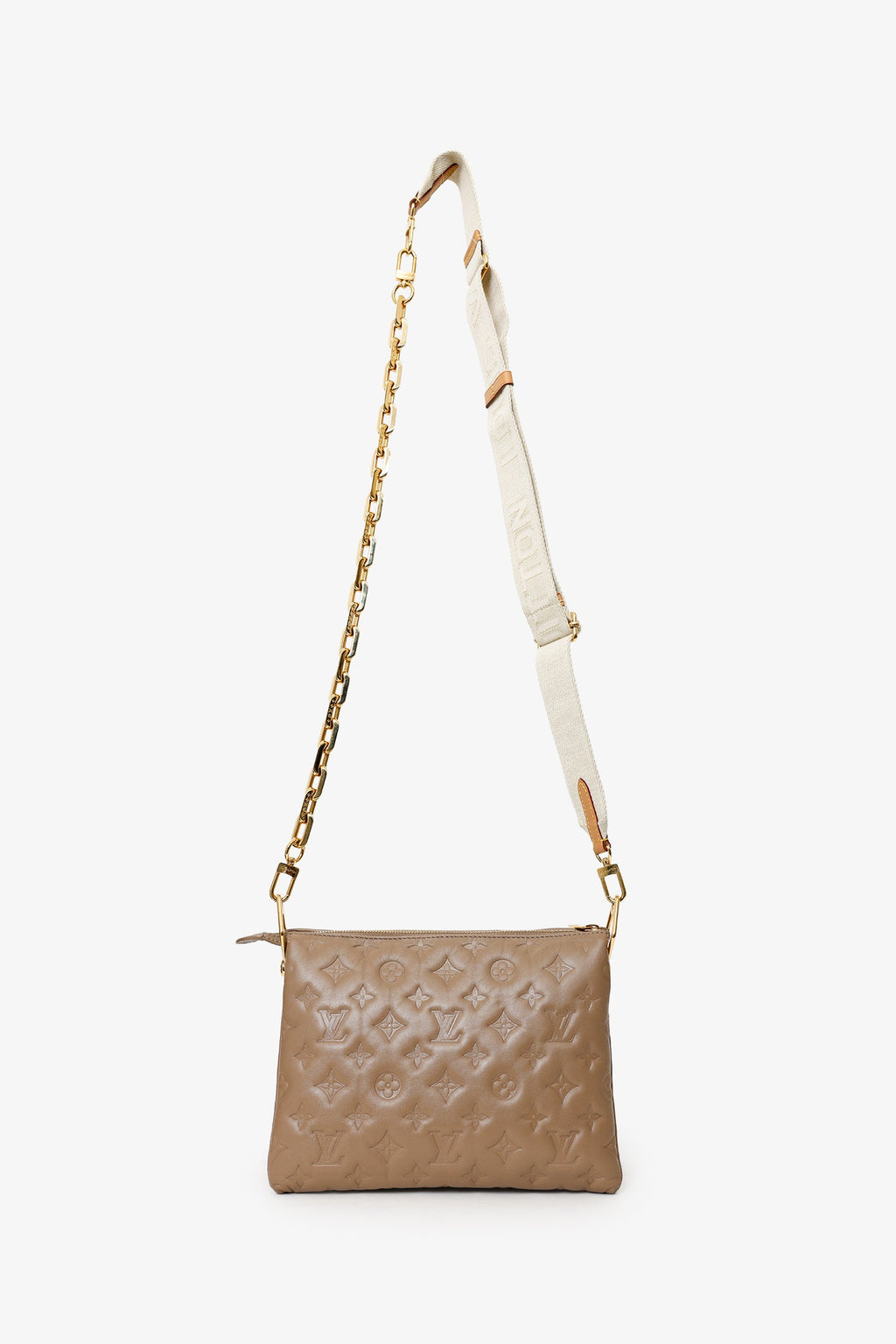 Louis Vuitton Taupe Handbag With Canvas Strap And Gold Chain